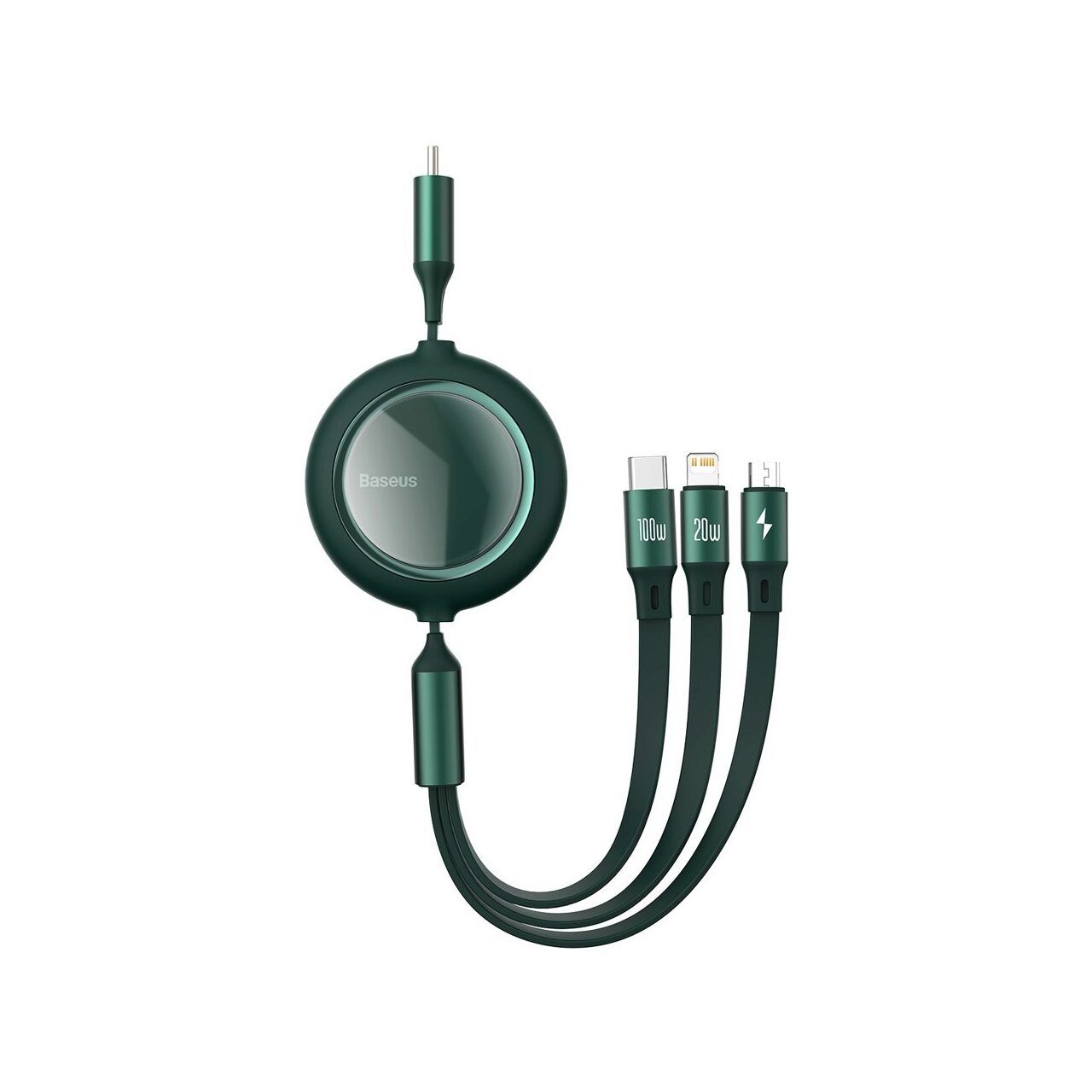 Cable Baseus Bright Mirror 3 en 1 Retractable (Tipo C a MicroUSB + Lightning + Tipo C), Verde, 100W, 1,2m