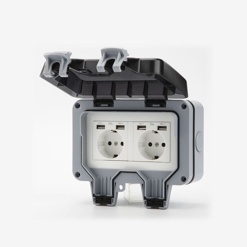 INF Waterproof and Dust-Proof Double Outlet with Foldable Lid 4 USB Ports Grey