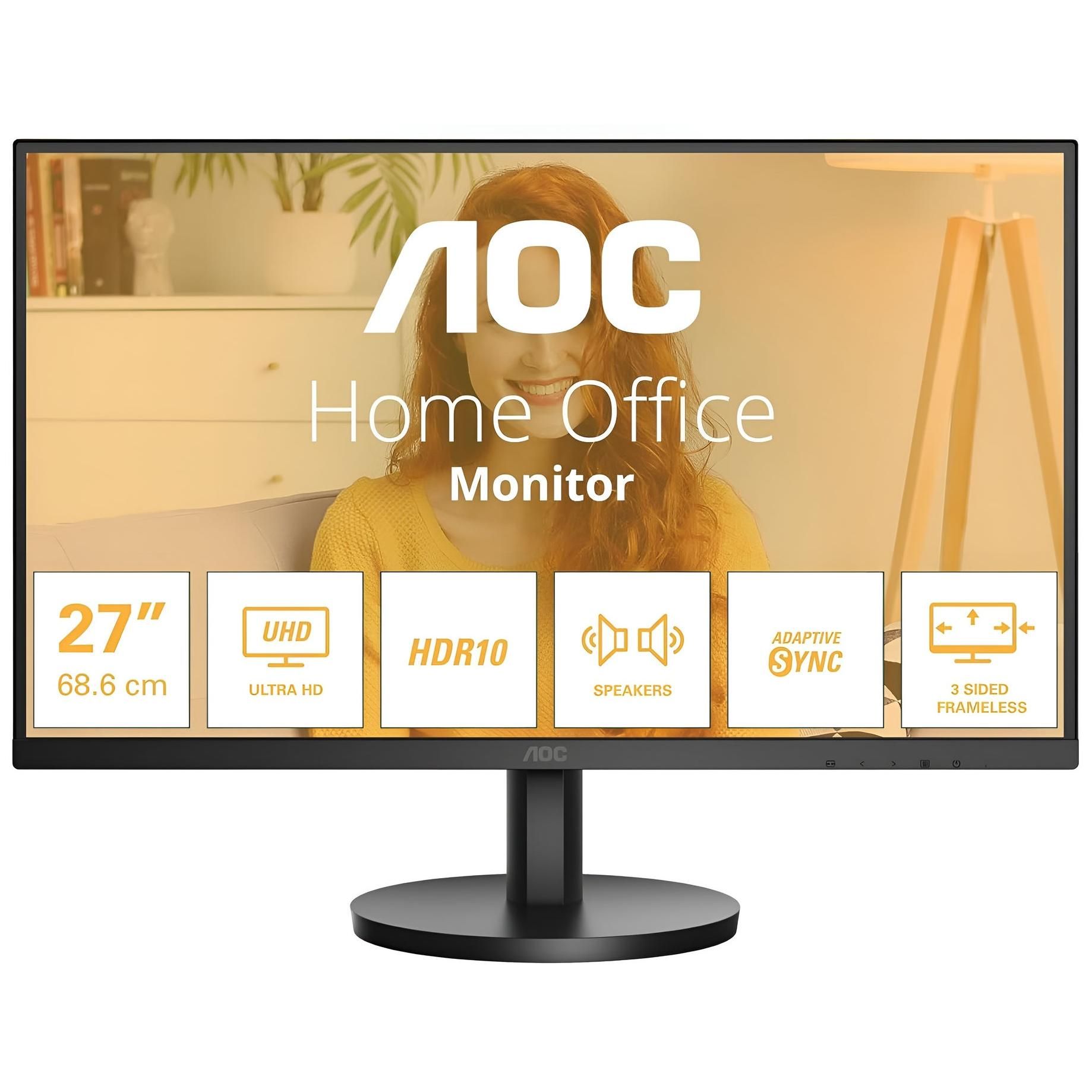 AOC U27B3A - Écran LED - 27" - 3840 x 2160 4K UHD (2160p) @ 60 Hz - IPS - 350 cd/m² - 1000:1 - HDR10 - 4 ms - 2xHDMI, DisplayPort - haut-parleurs - noir