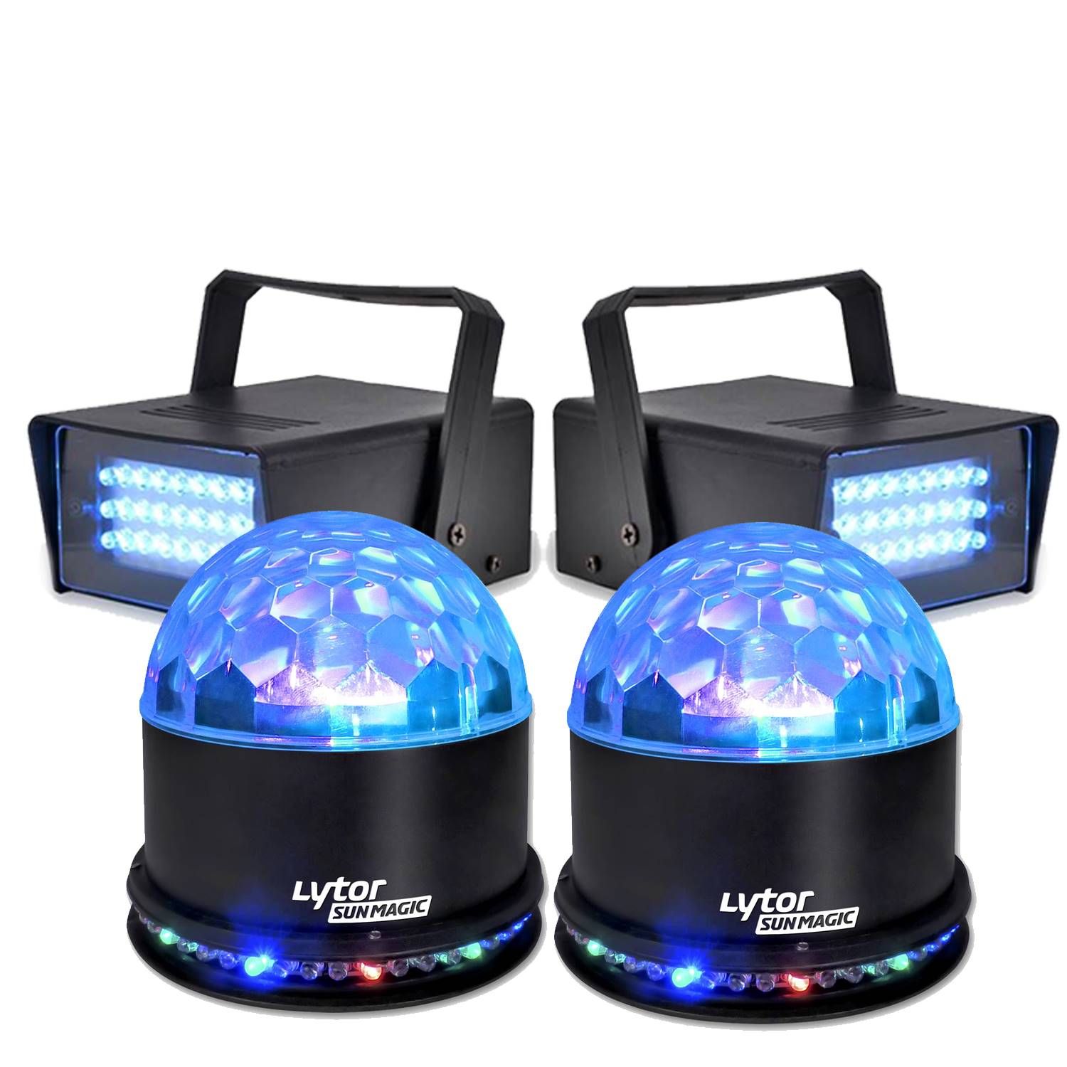 Pack Effet Fiesta Lytor : 2 projecteurs LED stroboscopiques + 2 lampes Sunmagic RGB