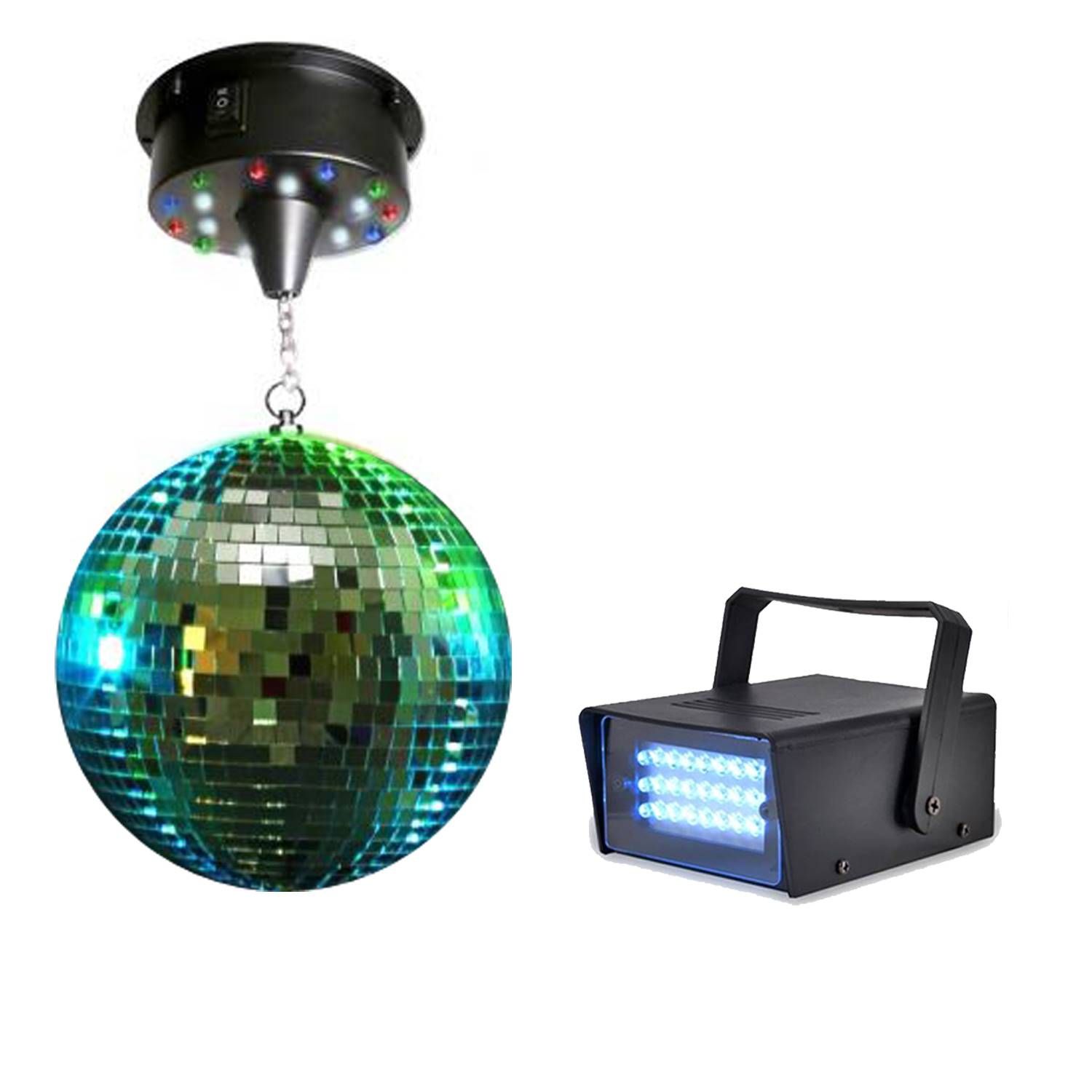 Boule à facettes Lytor 20 cm + moteur 18 LED + mini stroboscope