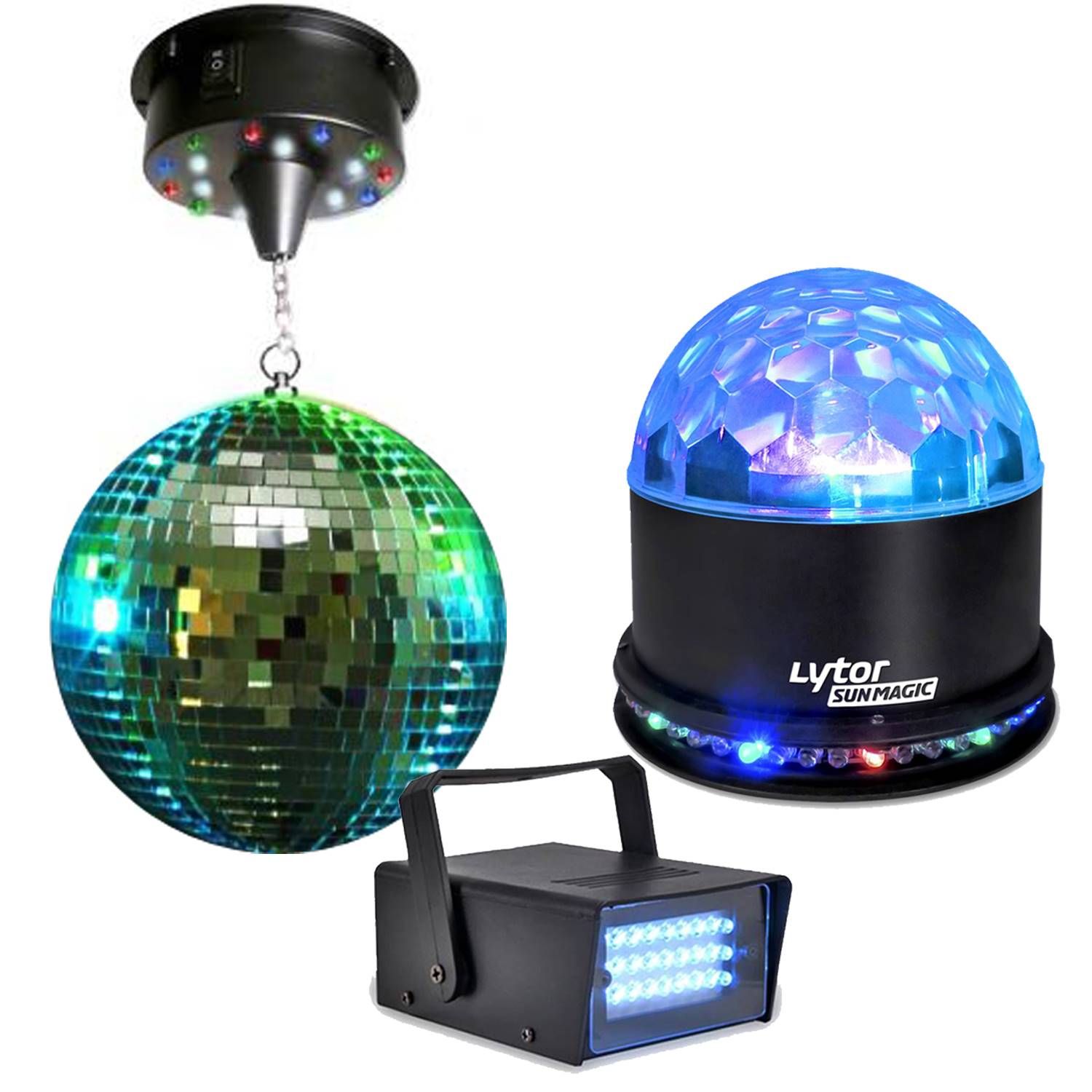 Lytor 20cm Facet Ball with LED Motors, Mini Strobe & SUNMAGIC