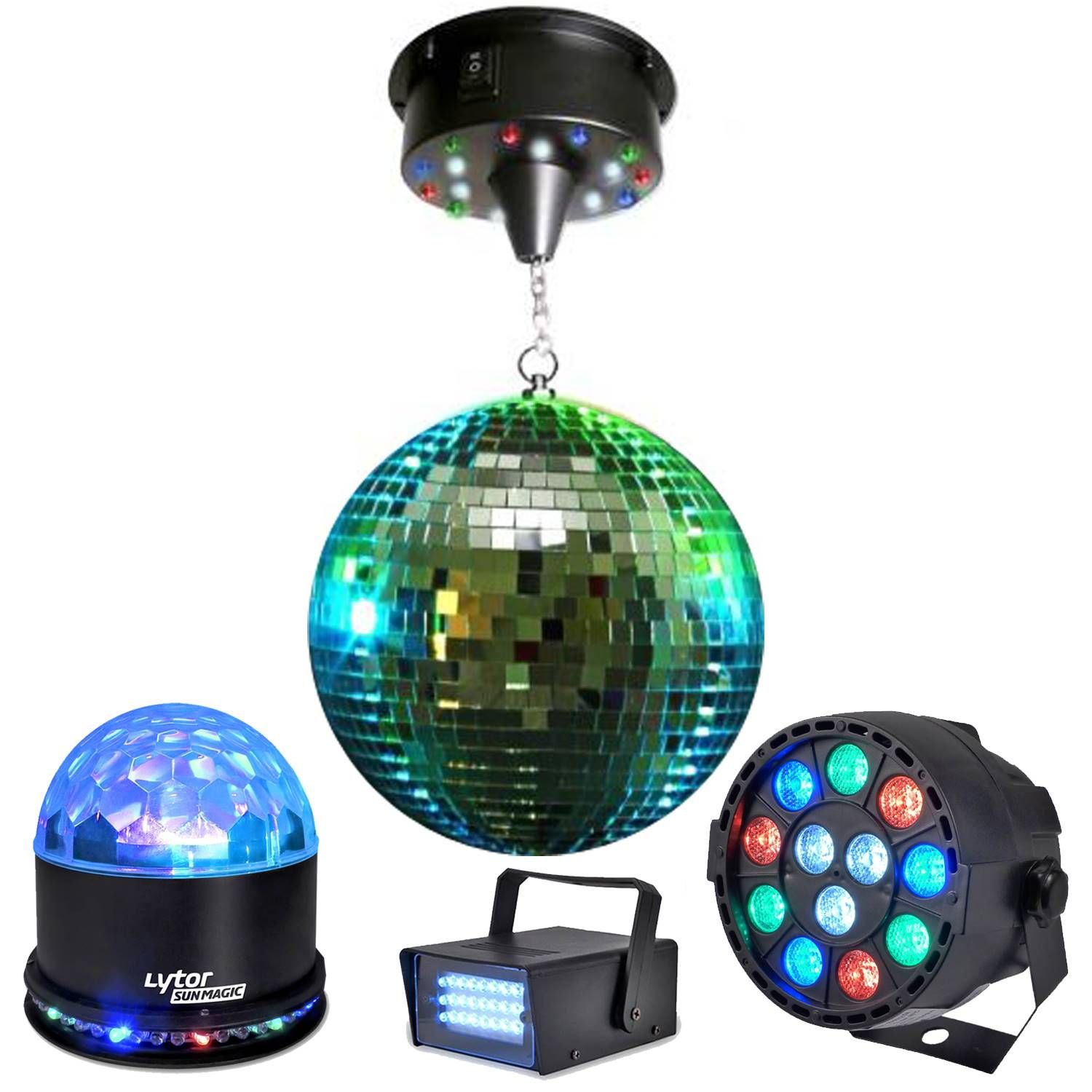 Pack Lumière Lytor - Boule à Facettes de 30 cm + Mini Stroboscope + SUNMAGIC + PAR-MINI-RGBW