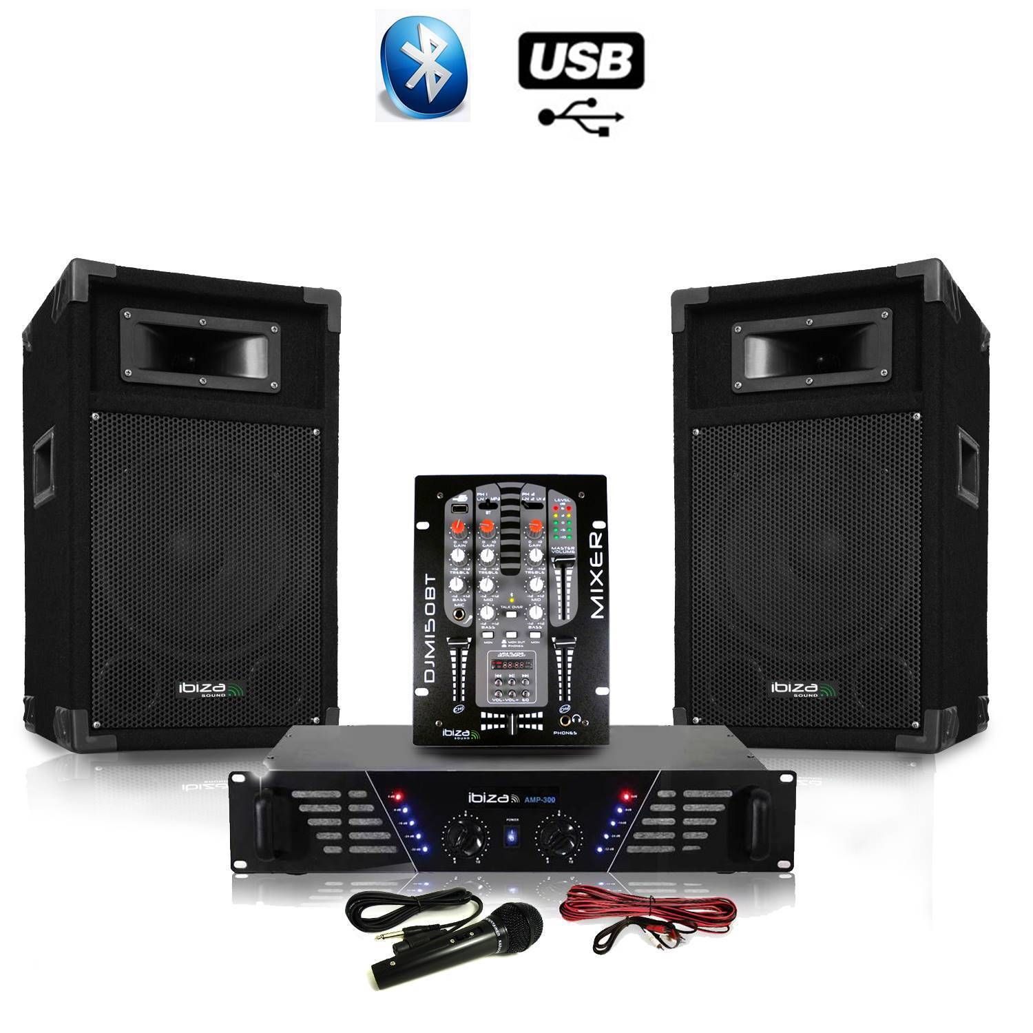 Ibiza DJM300-BT Amplifier + 500W Speaker Table Mix with USB Bluetooth