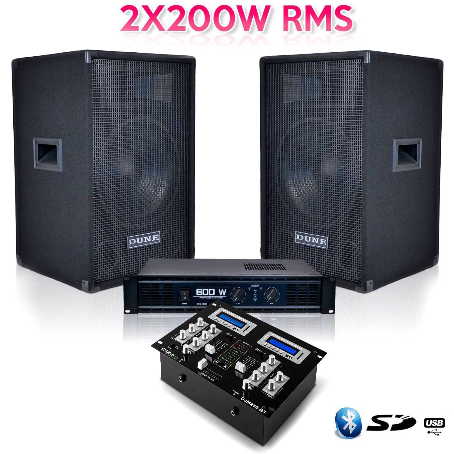 Pack de sonorisation Dune Lighting PRO 2 haut-parleurs + amplificateur stéréo 2x200 WRMS + DJM250-BT