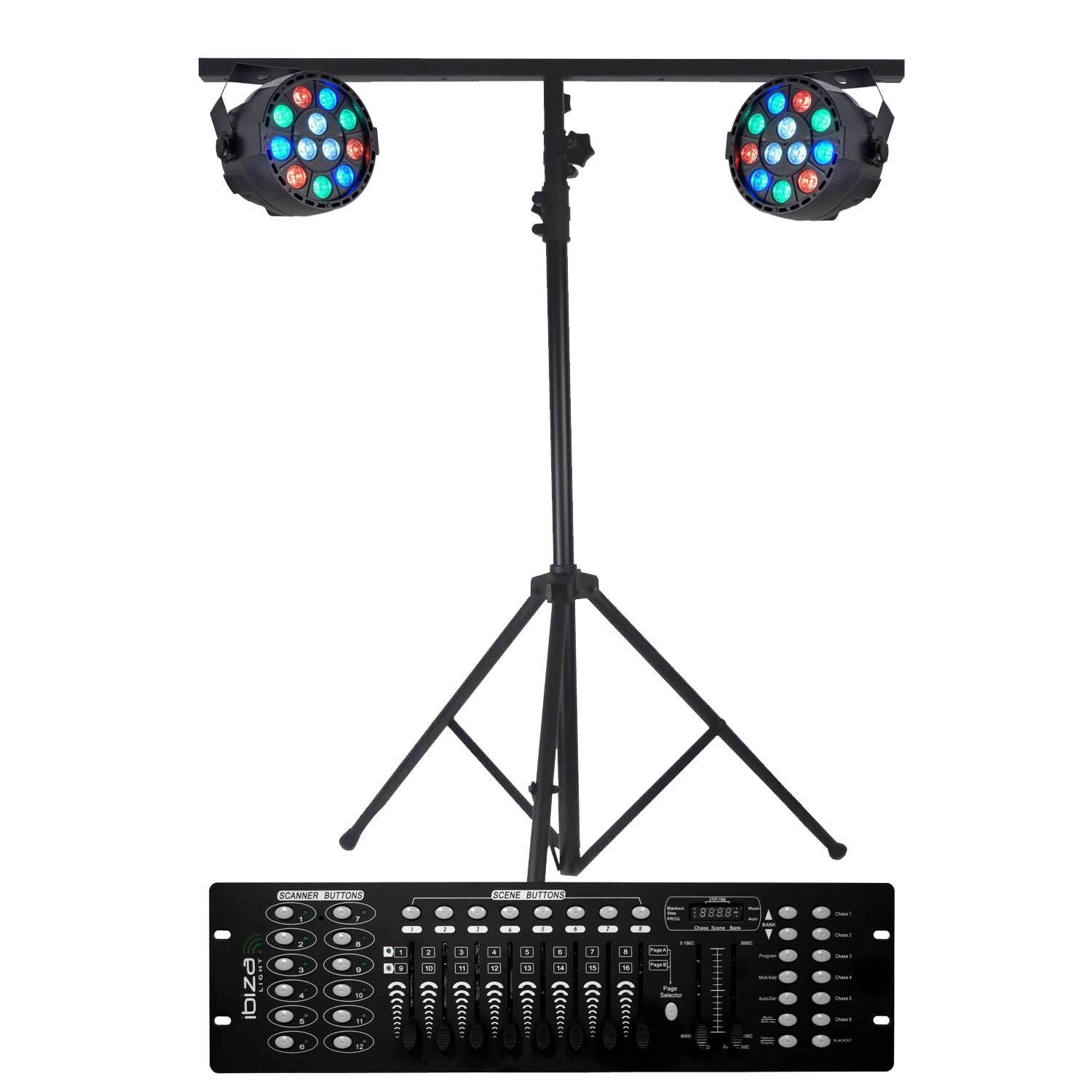 Ibiza Light 2x Mini PAR LED Projectors RGBW with DMX Controller and Stand