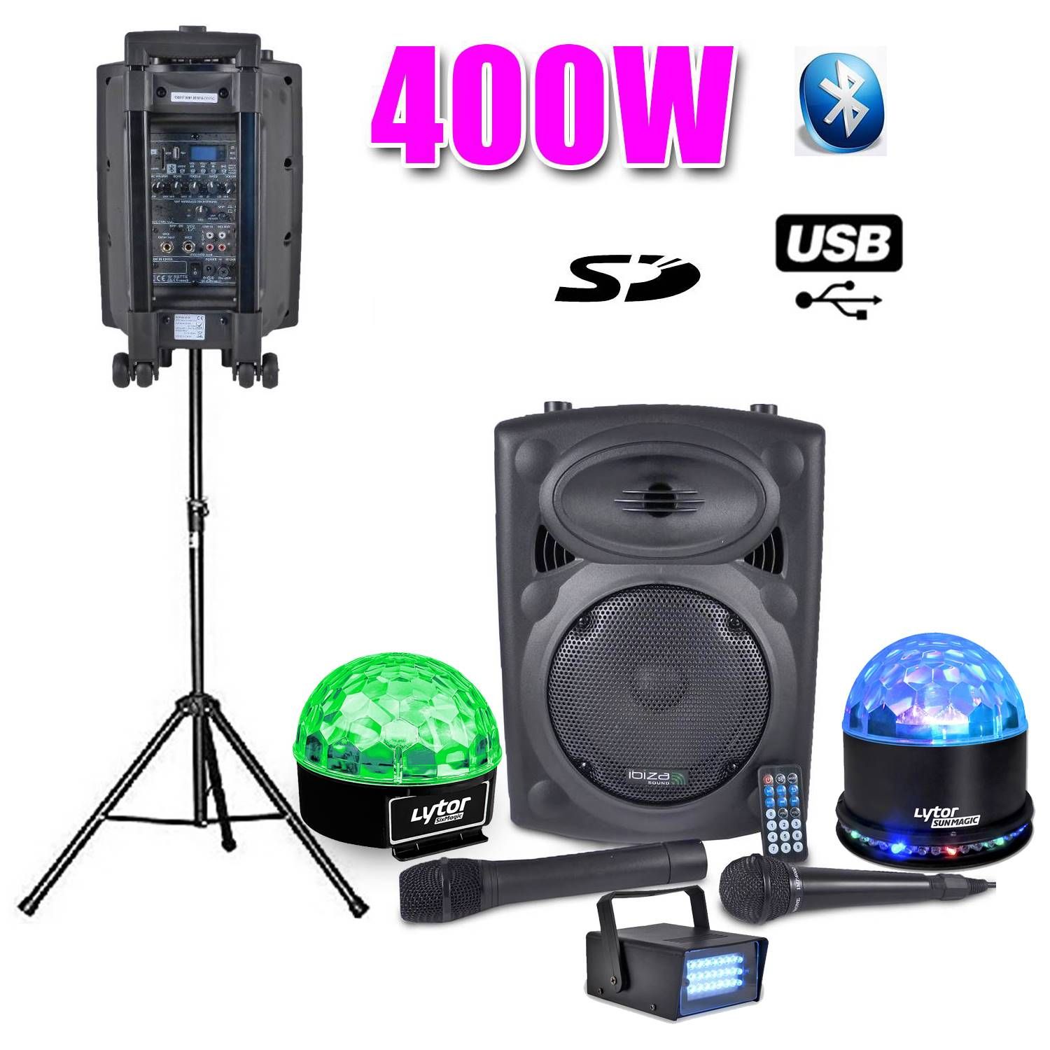 Ibiza Light Fiesta 400W Karaoke Kit with Stand, SIXMAGIC, SUNMAGIC, and LEDSTROBE