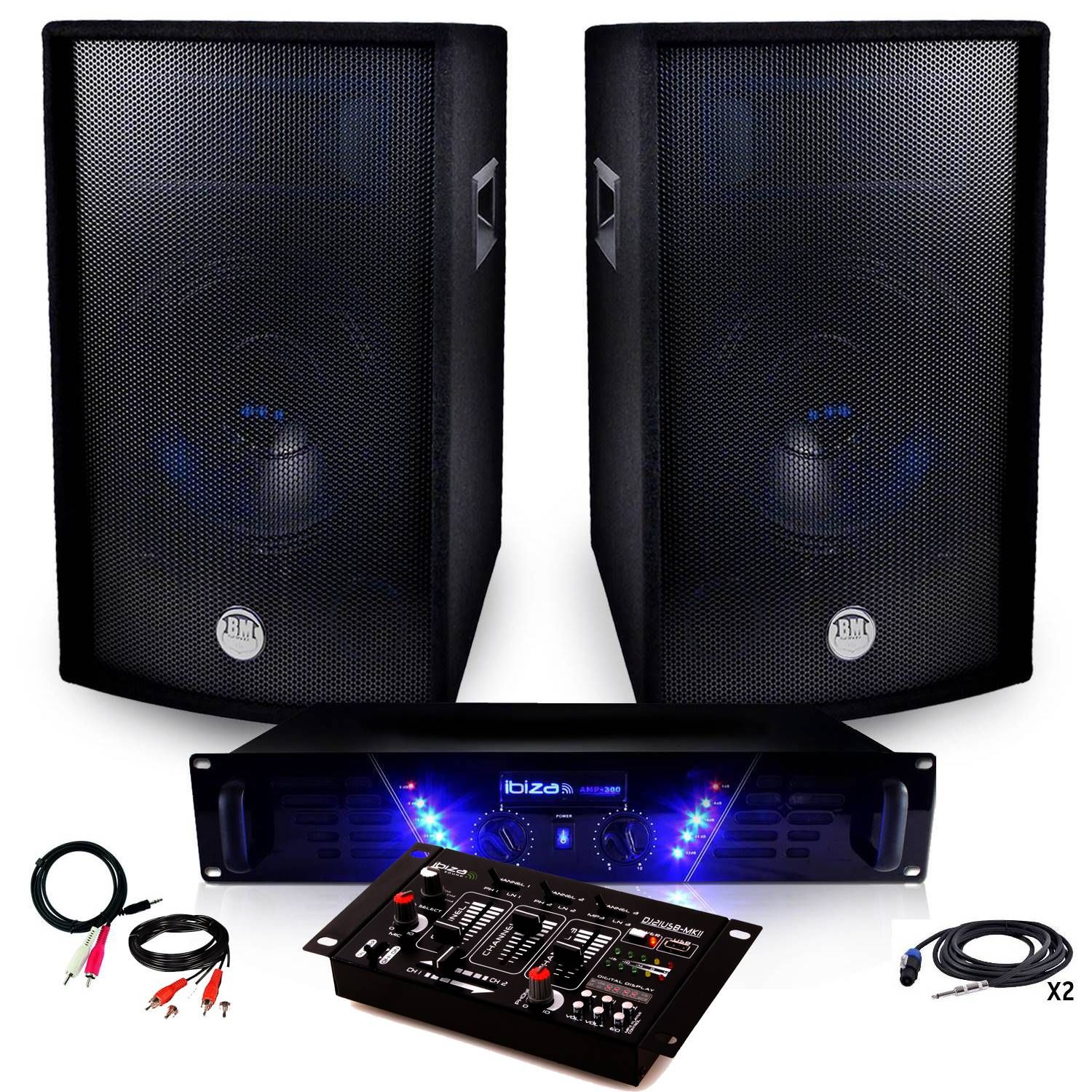 Ibiza AMP-300 + BMS-12 2x600W Passive Speakers with USB Mixing Table and Cables