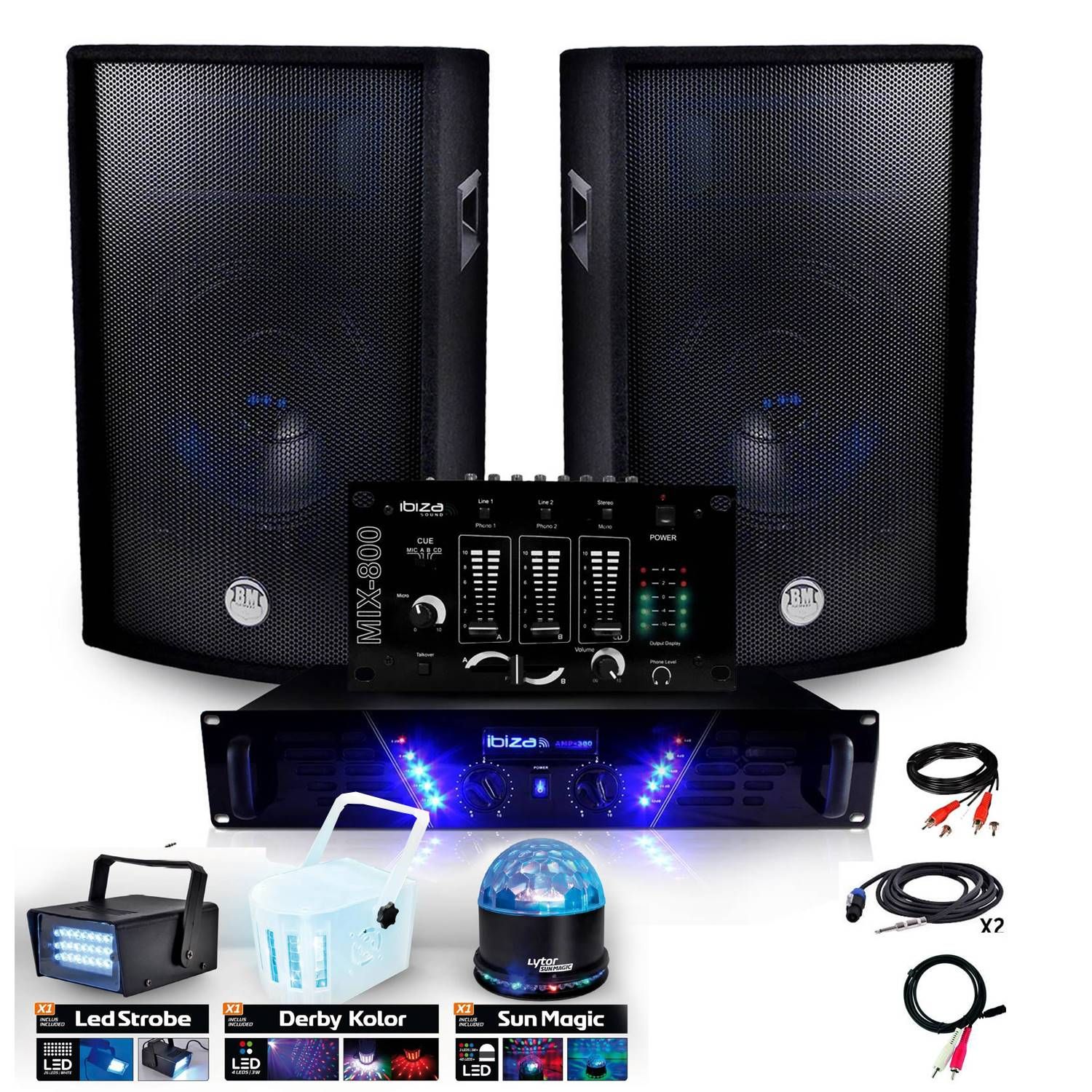 Kit de sonorisation Ibiza 480W + HP BMS-12 2x600W + Kit Lumière DERBY