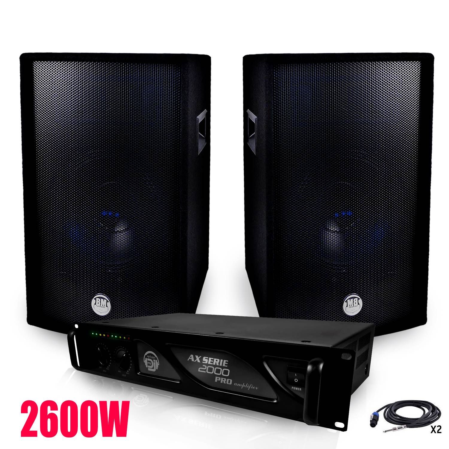 Bm Sonic Sound System Pack: Ampli Mydj AX-2000 + 2 BMS-12 Speakers + Cables