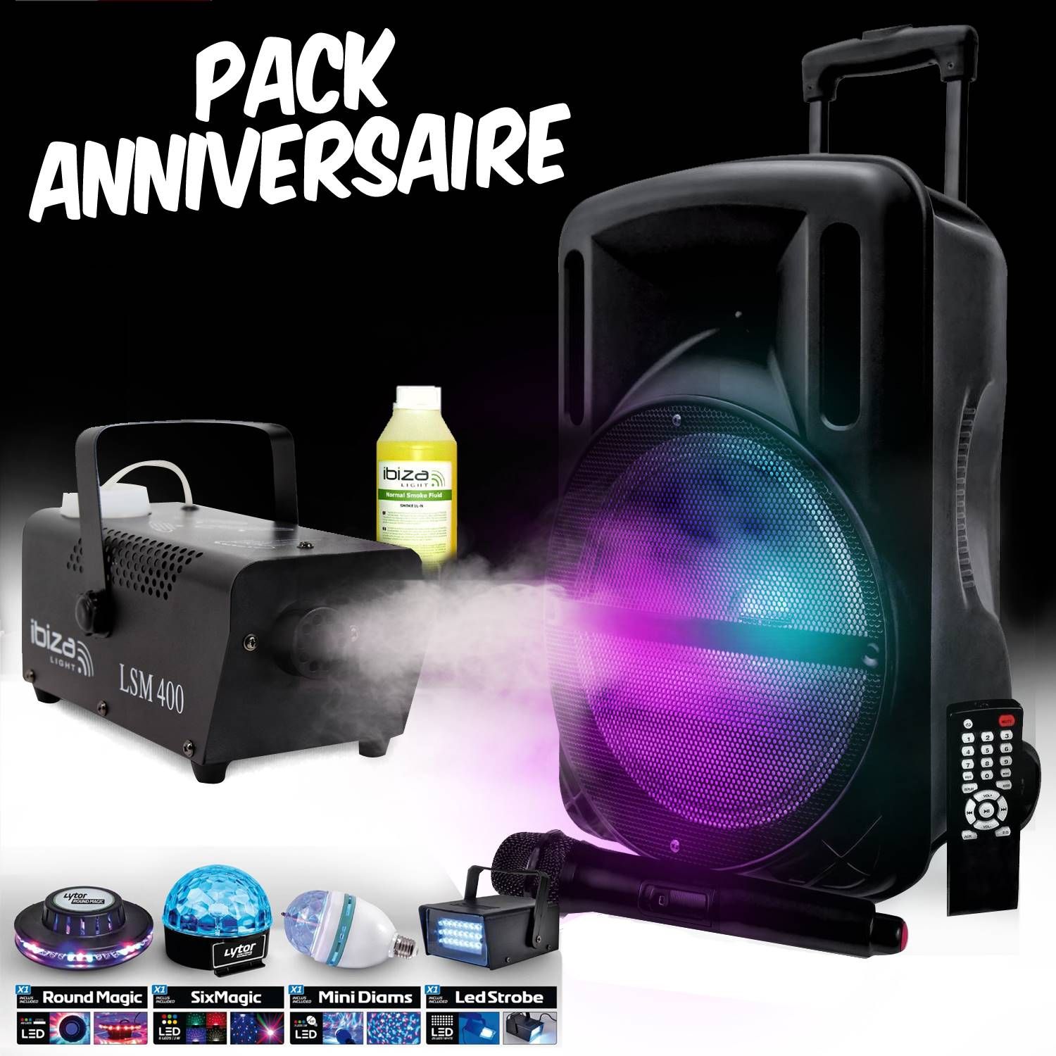 Máquina de Humo Mydj para Cumpleaños + 4 Conjuntos de Luces DIAMS