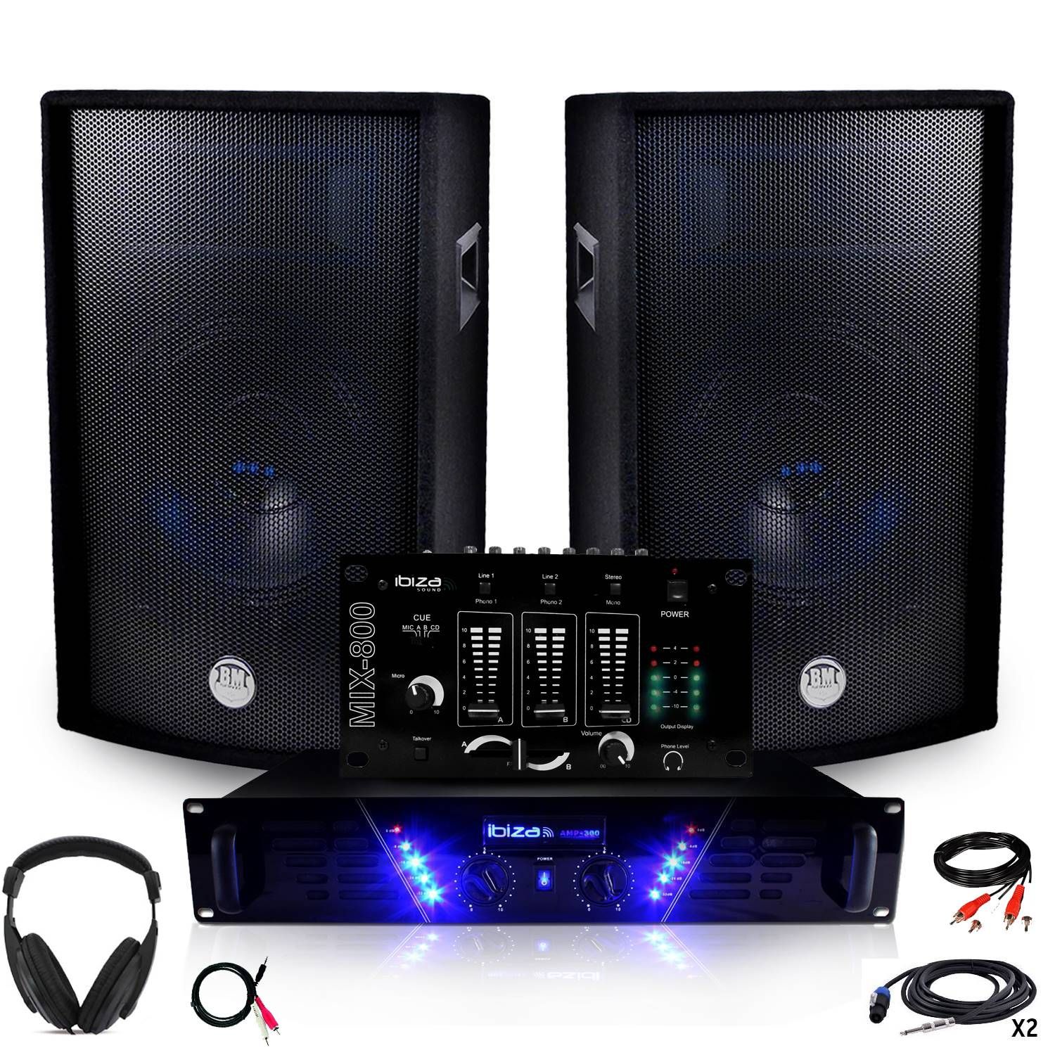Ibiza AMP-300 Power Amplifier + BMS-12 2x600W Speaker System and Mixer Table with Headphones
