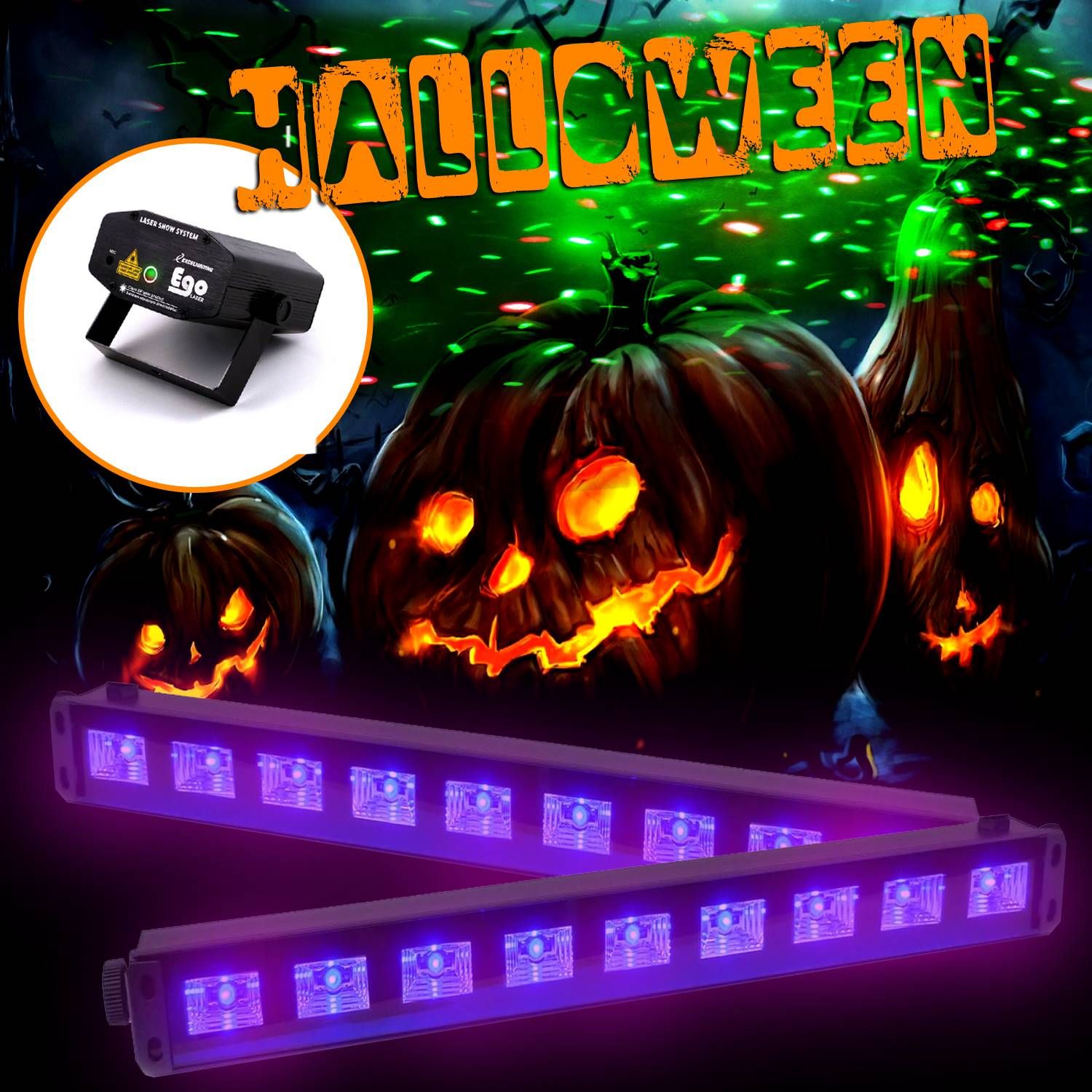 Ibiza Light Halloween UV LED Bar Set, 2-Pack (White Reflection on Fabric + Laser)