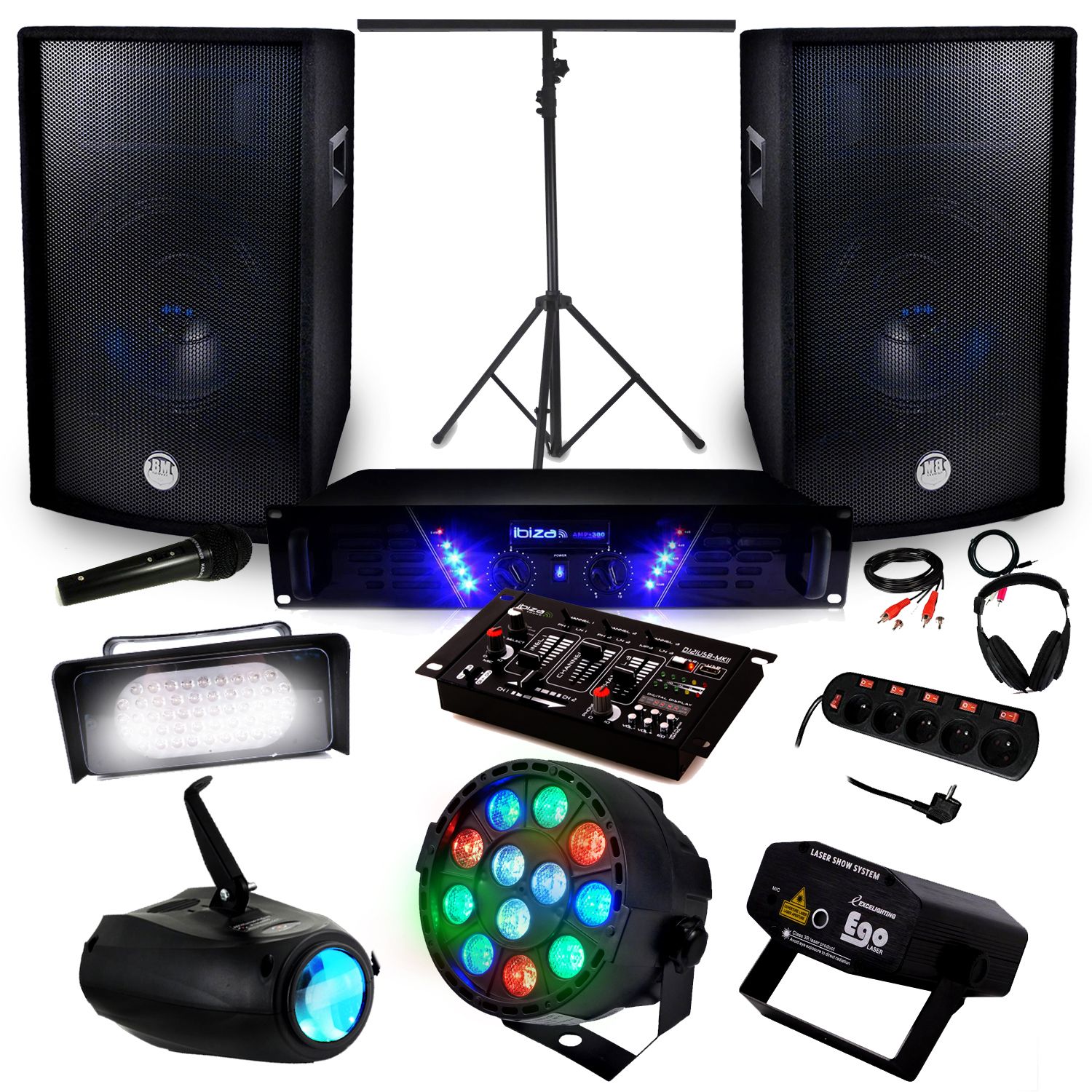 Ibiza AMP-300 Power Amplifier + BMS-12 2x600W Speaker Pack (4 Lights)