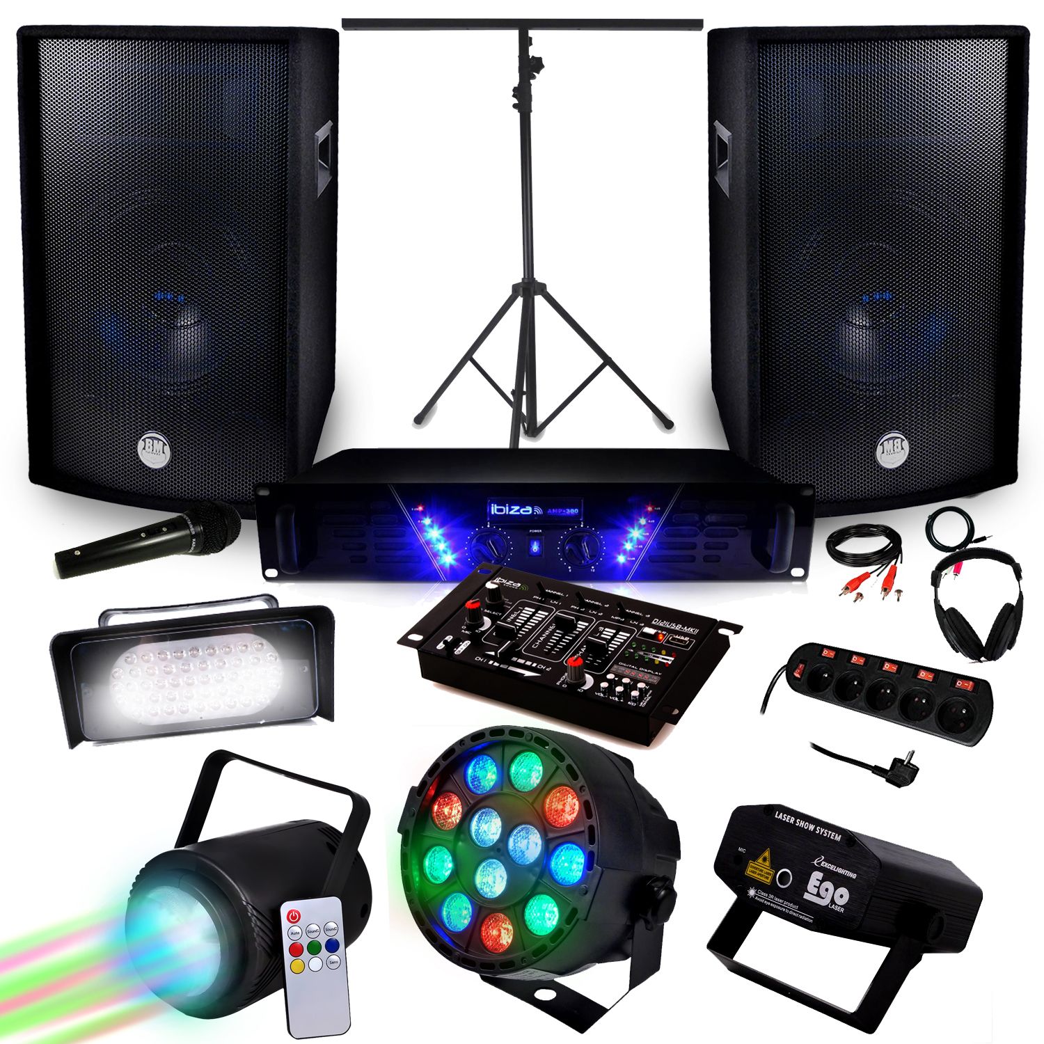 Kit de Sonorización Ibiza AMP-300 + BMS-12 2x600W + Juego de Luces