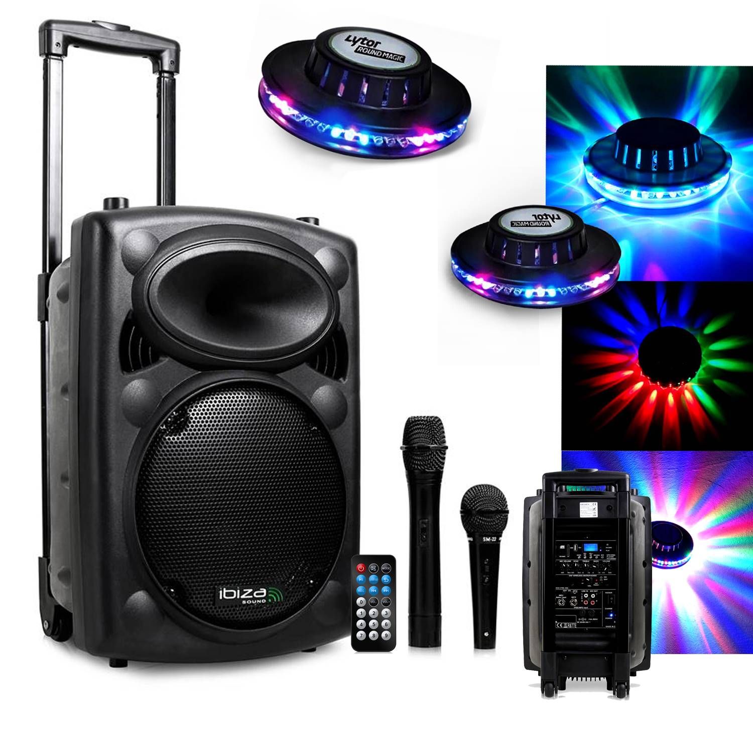 Sistema de karaoke móvil Ibiza 500W USB/MP3 PORT10VHF-BT + 2 efectos LED Ovni