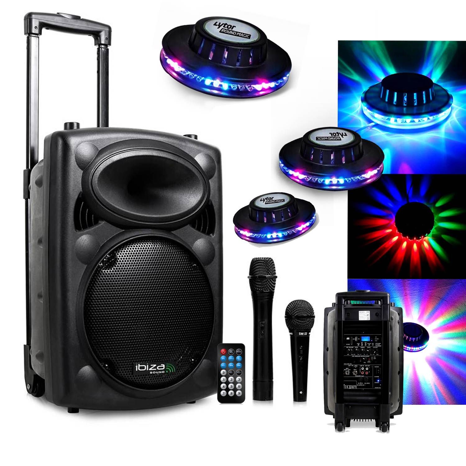 Sistema de karaoke portátil Ibiza 500W USB/MP3 BT + 3 Efectos LED Ovni