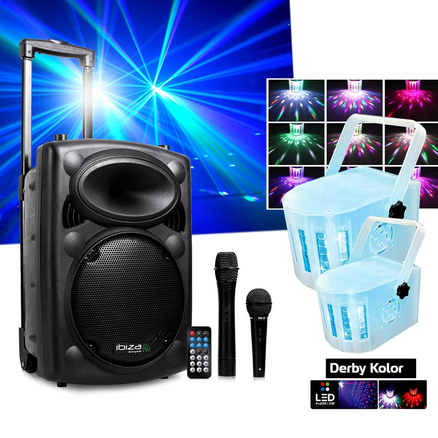 Sistema de karaoke portátil Ibiza 500W USB/MP3 PORT10VHF-BT + 2 Mini Proyectores Derby Kolor RVB