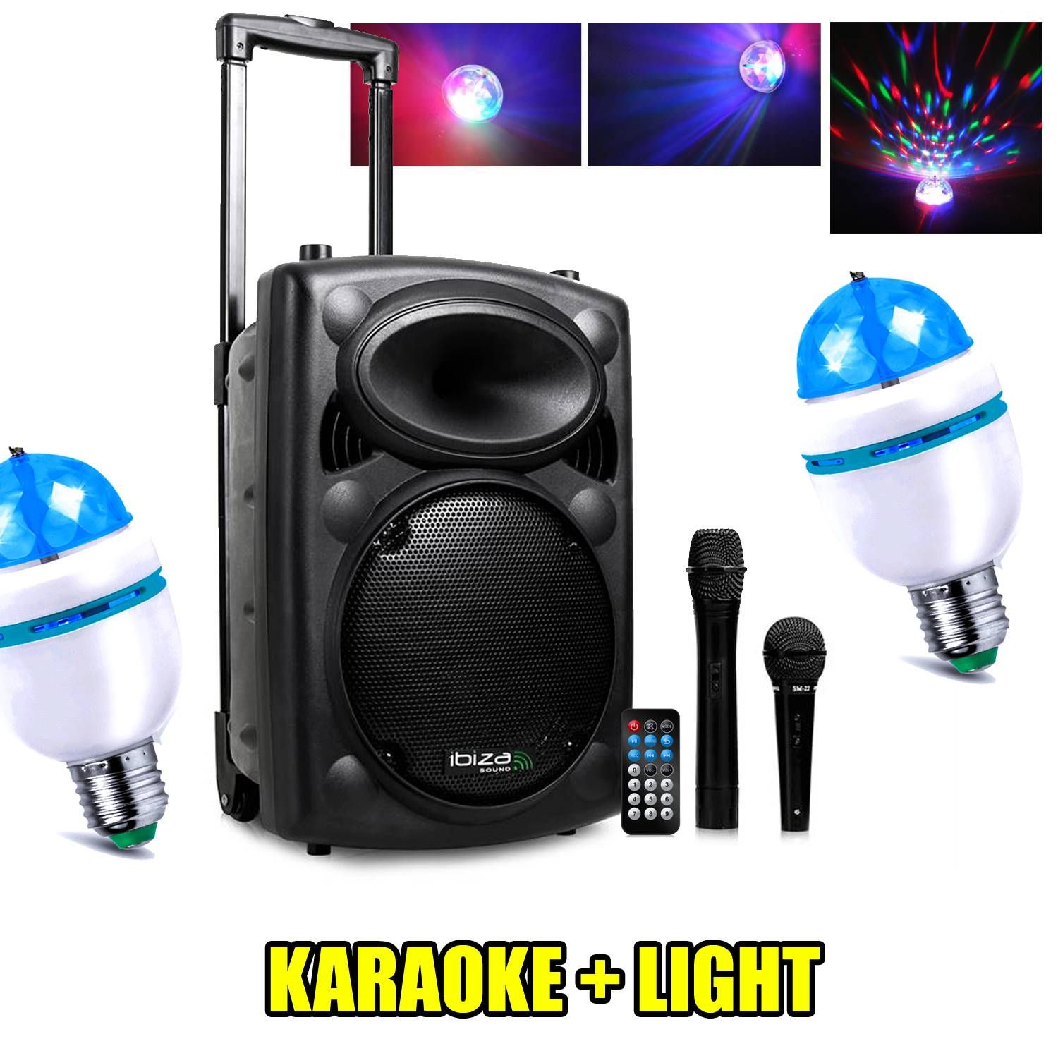 Sistema de karaoke portátil Ibiza 500W USB/MP3 BT + 2 luces LED mini RVB