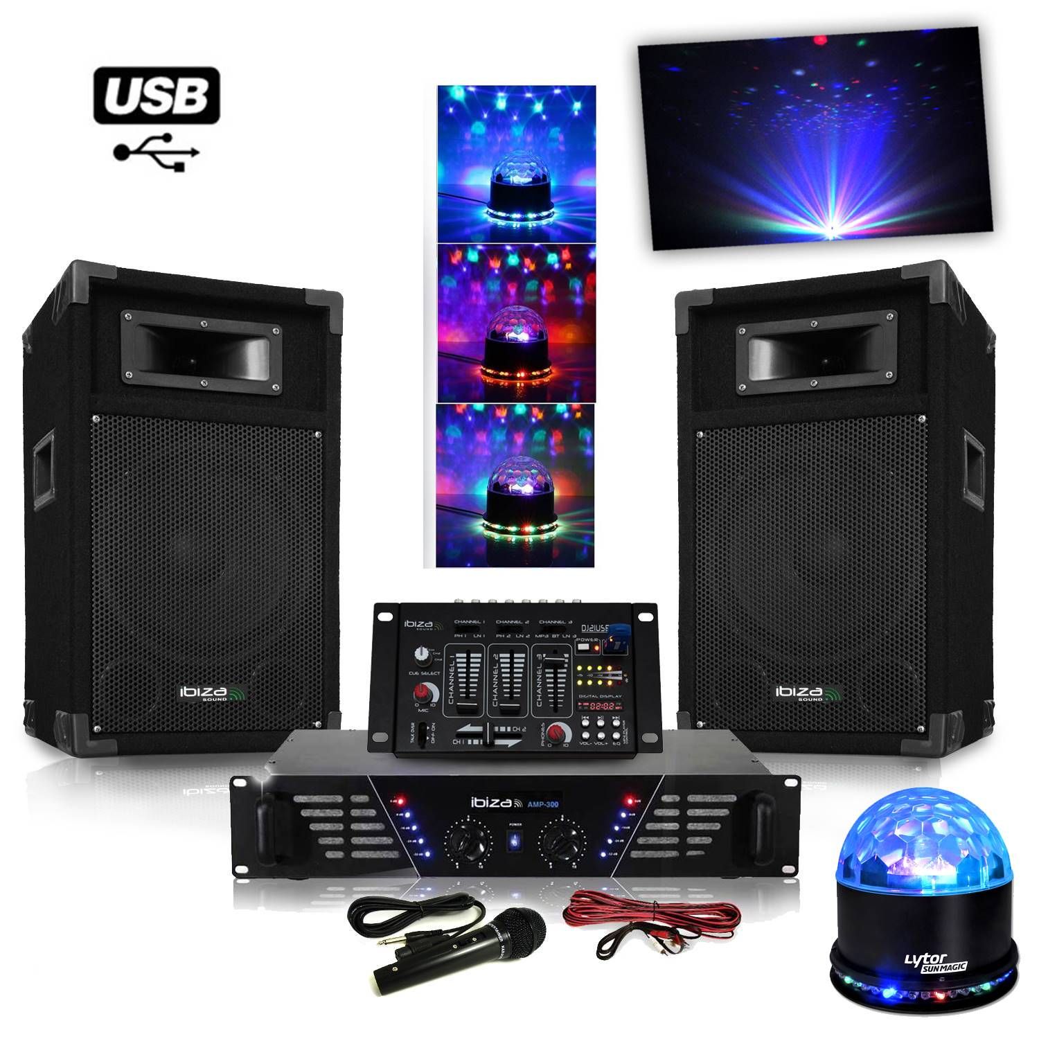 Ibiza Sound DJ Complete Sound Pack (Amplifier, Speakers, Mixer, LED Effect)