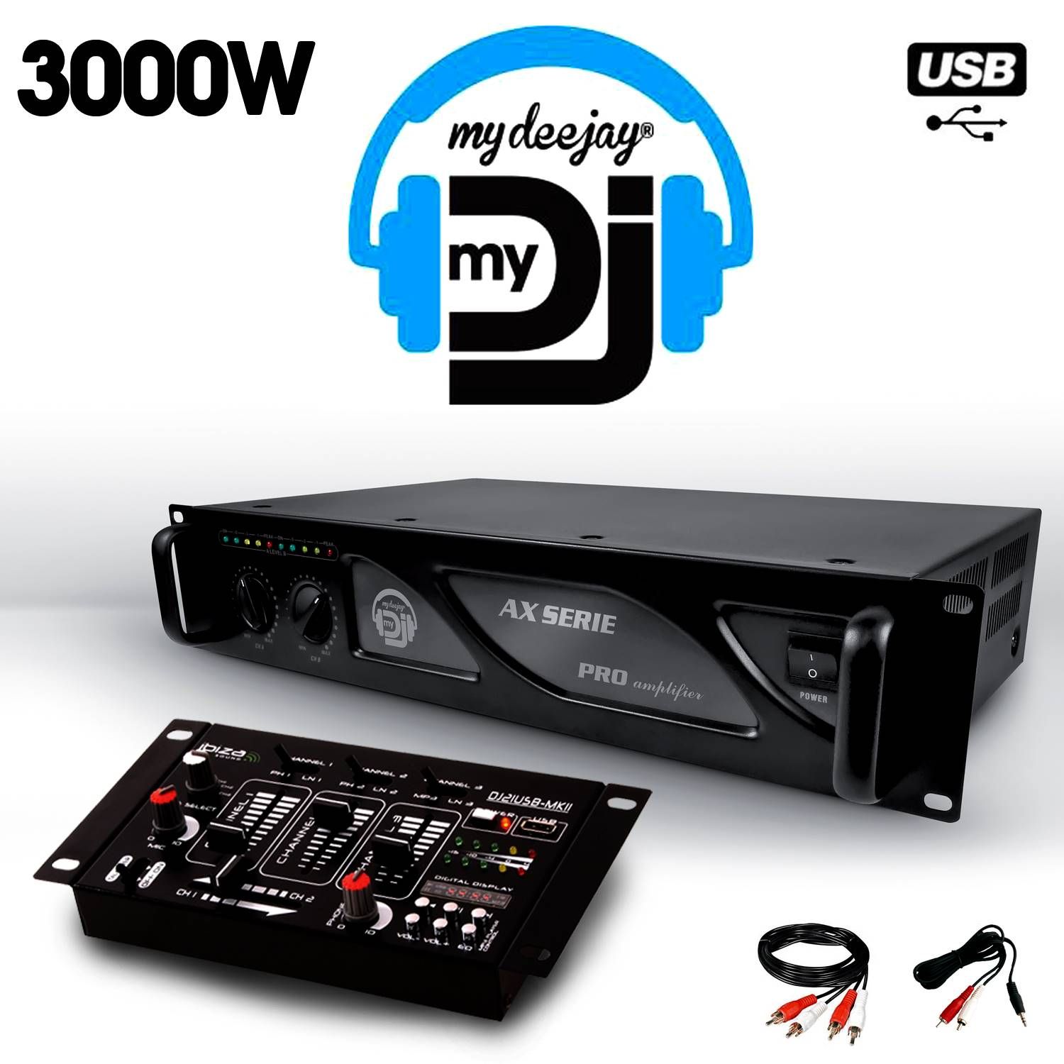 Amplificateur de son Ibiza 2x1500W AX-3000 + Table de mixage DJ21 4 voies 7 entrées + USB