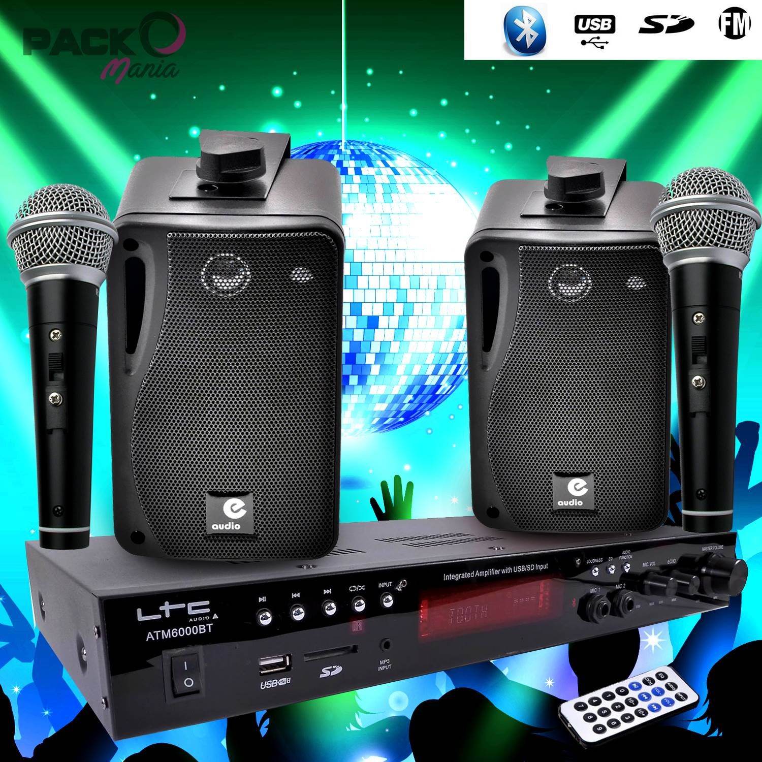 LTC Audio Karaoke Package with 2 Microphones + 1 Amplifier + 2 Hi-Fi Speakers USB SD Bluetooth