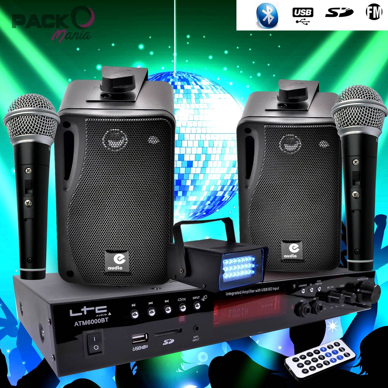 LTC Audio Kids Karaoke System 100W + 2 USB Micros + SD Bluetooth + FM Radio + Cables + LED Strobe Game