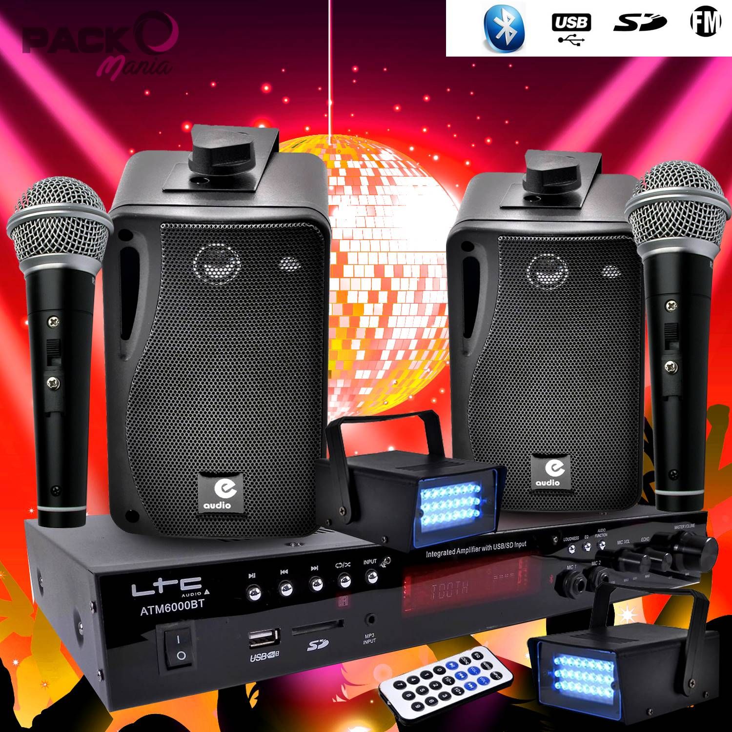 LTC Audio Kids Karaoke System 100W + 2 USB/SD Microphones + Bluetooth + FM Radio + Cables + 2 Mini LED Strobe Games