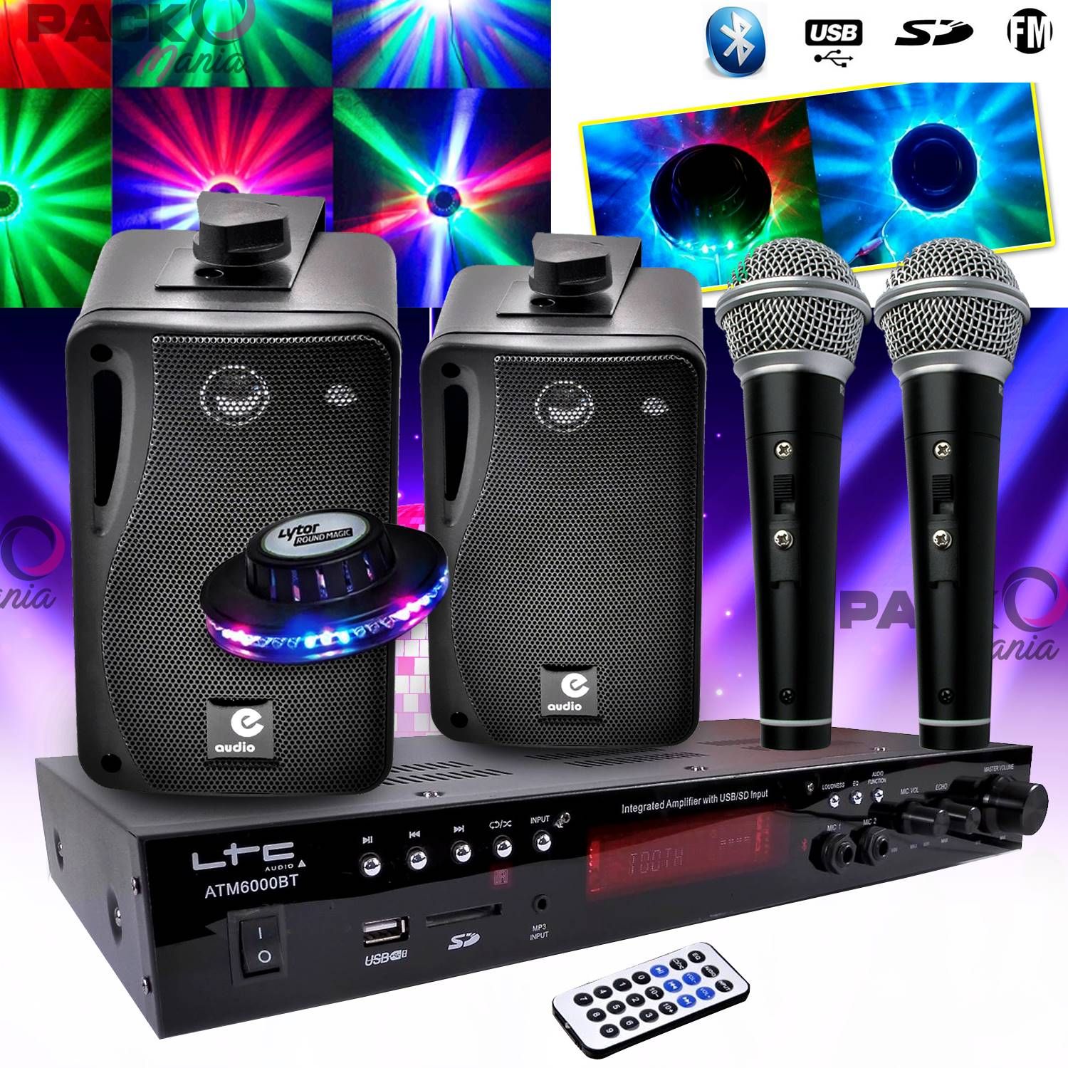 LTC Audio Kids Karaoke System 100W + 2 USB Microphones + SD Bluetooth + FM Radio + Cables + UFO LED RGB Effect