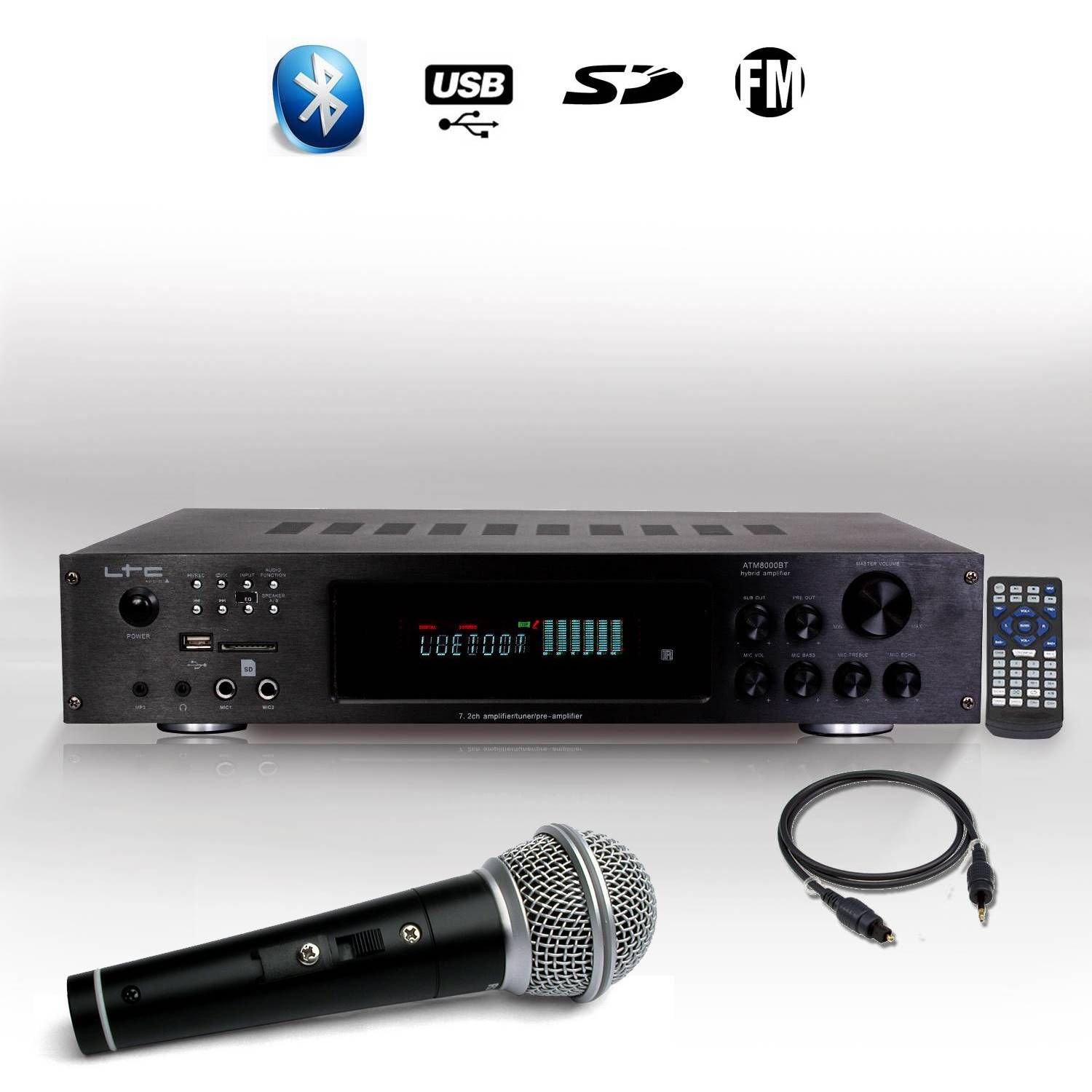 Amplificateur Hi-Fi et Karaoké LTC ATM8000BT 5.2 avec tuner FM intégré, Bluetooth, USB, optique, microphone inclus