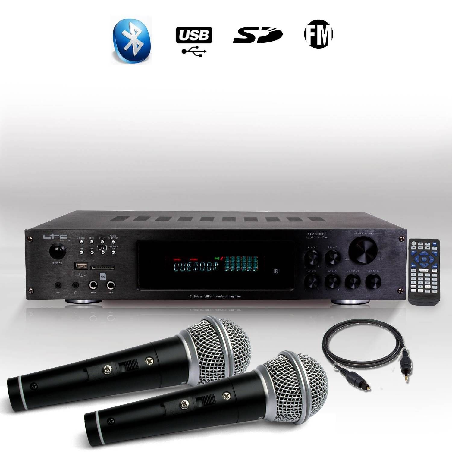 Amplificateur Hifi et Karaoké LTC ATM8000BT 5.2 / 4 x75W + 3 x20W avec Tuner FM, Bluetooth, USB, Câble Optique et Micros