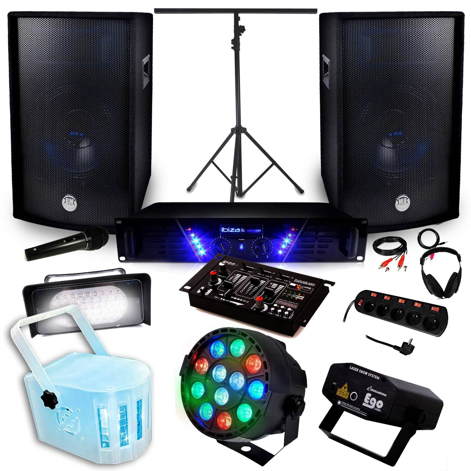 Paquete de Amplificación Ibiza: Ampli AMP-300, Altavoces BMS-12, Luces Laser KOLOR