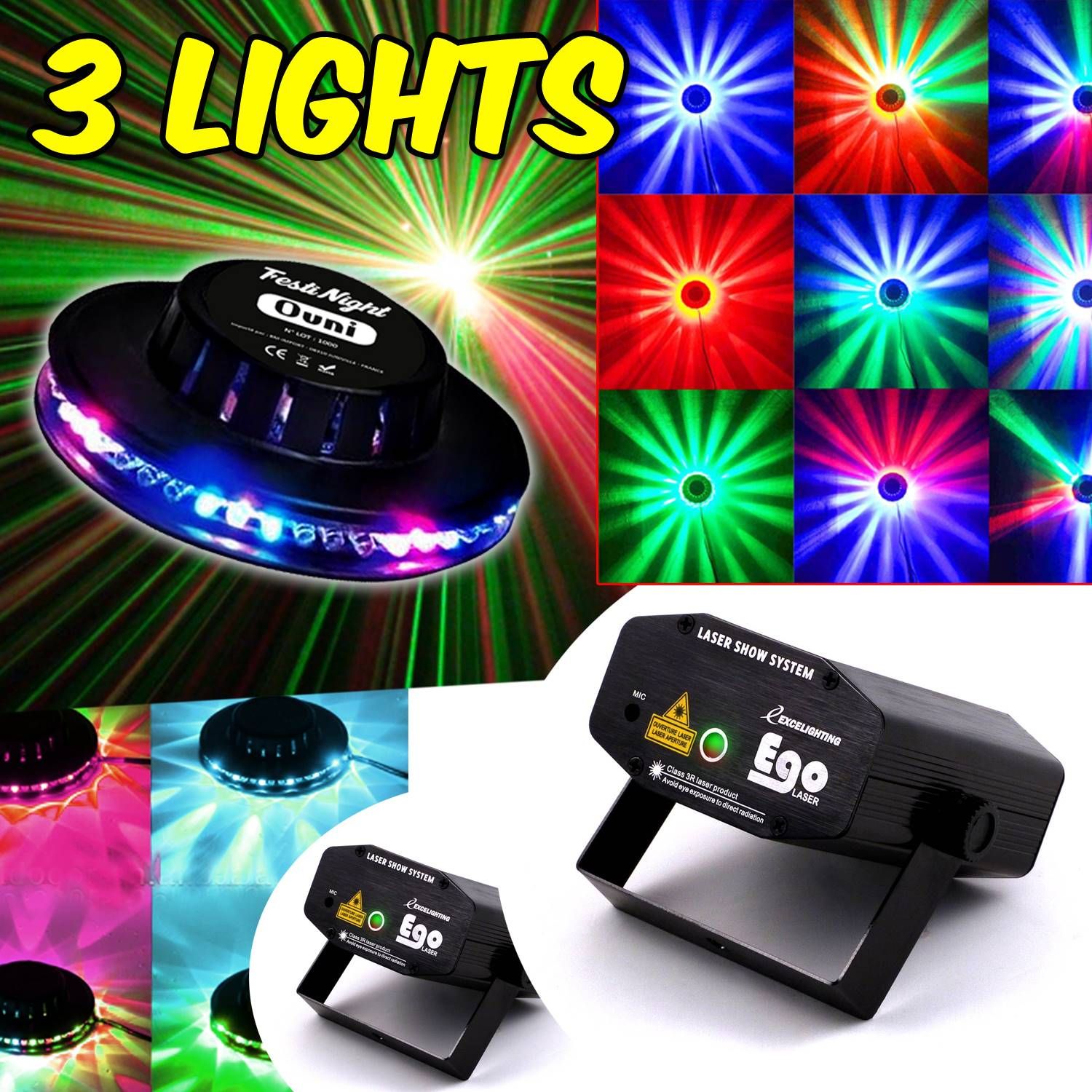 Lytor Pack Light Fiesta 3-Effect FestiNight UFO LED RGB + 2 Ego Laser Red/Green Sets