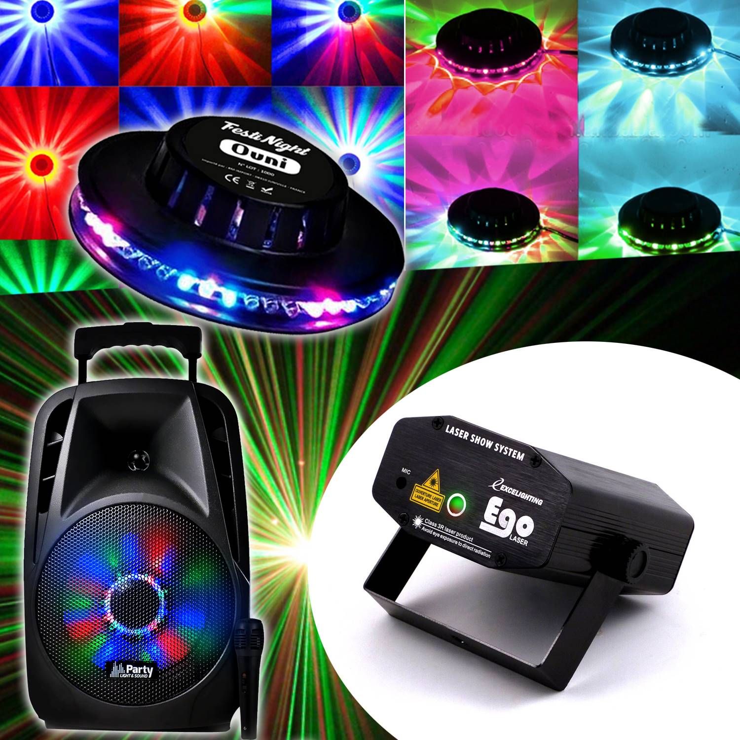 Lytor PACK Karaoké 300W PARTY8 + OVNI LED RGB Light Show + EGO Red/Green Laser Lights