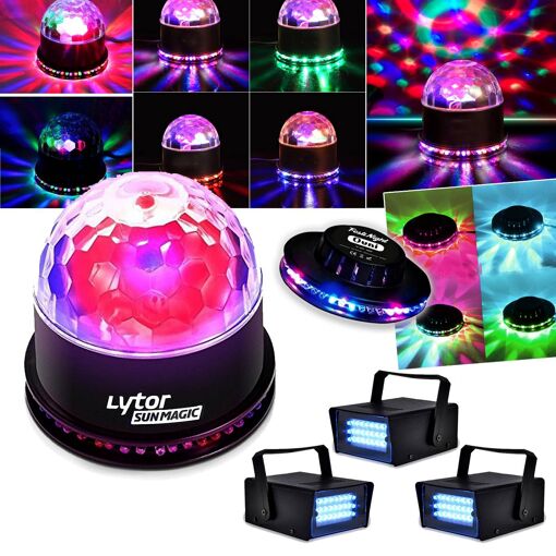 Kit de iluminación Lytor Fiesta Sunmagic + 3 LED Estroboscópico BLANCO + Efecto OVNI RGB
