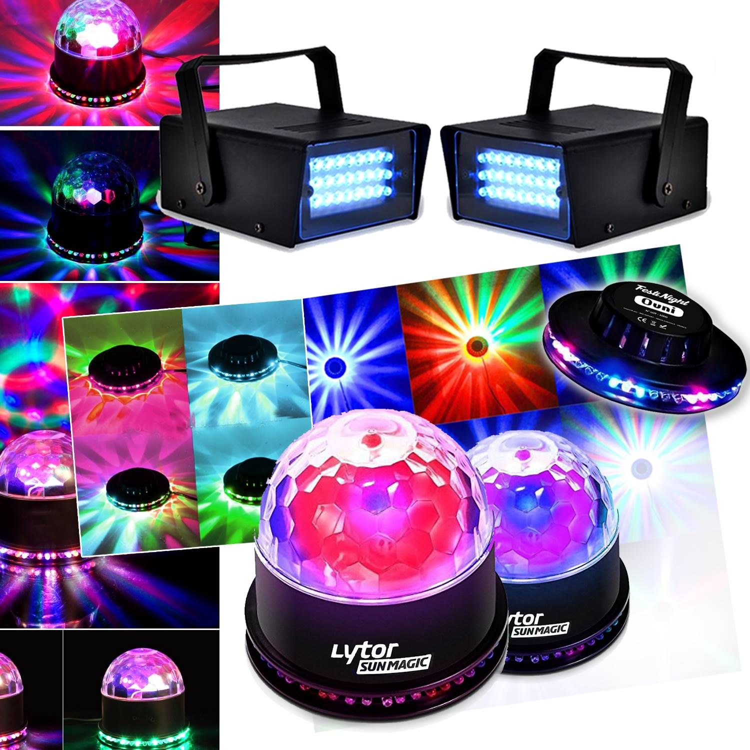 Paquete Lytor Efecto Fiesta: 2 Lámparas Estroboscópicas LED Blanco + 2 SUNMAGIC con LEDs RGB + Efecto OVNI LED