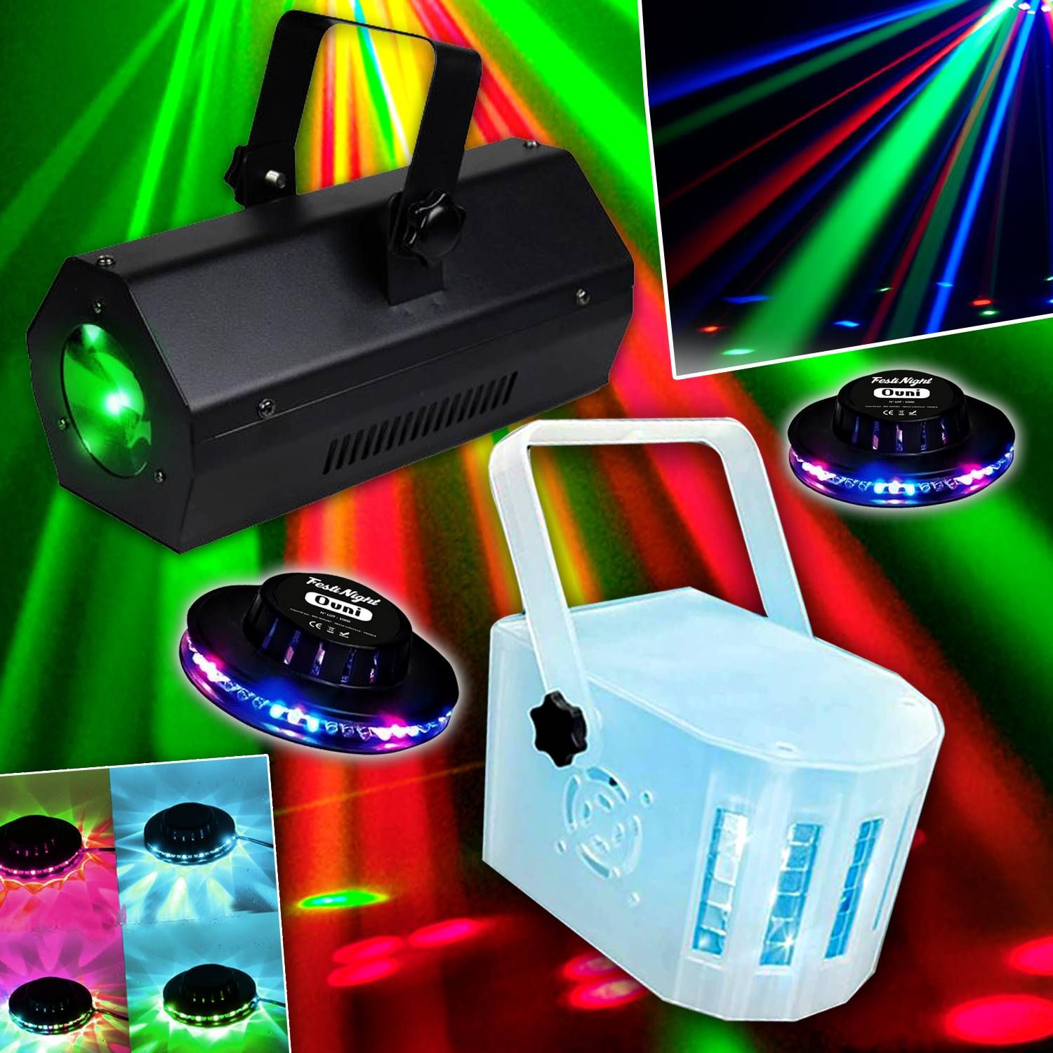 Paquete de Luz Lytor con 4 Efectos LED (2 OVNIs + 1 Derby + 1 Gobos Flor)