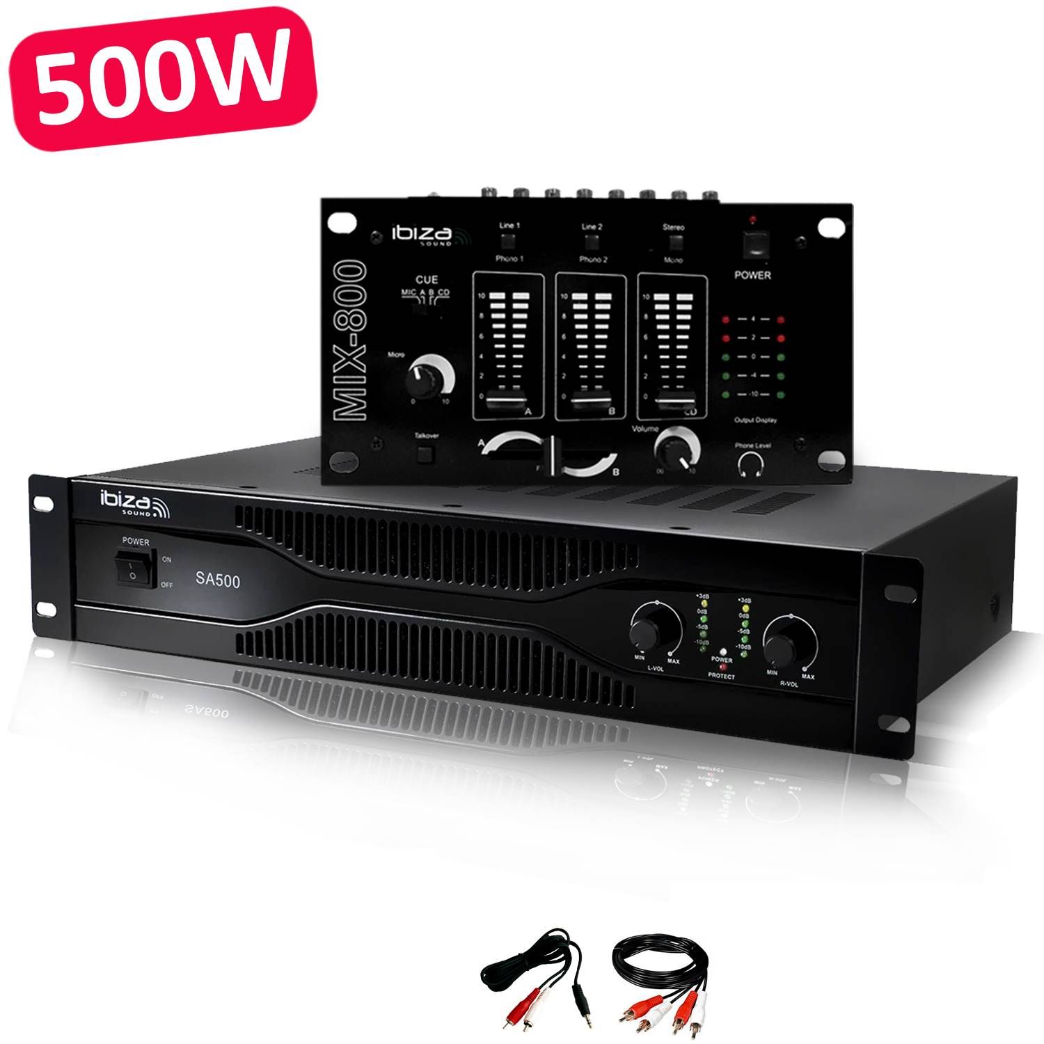 Kit DJ Ibiza: Amplificador SA500 + Mezclador MIX800 + Cables RCA + Computadora portátil
