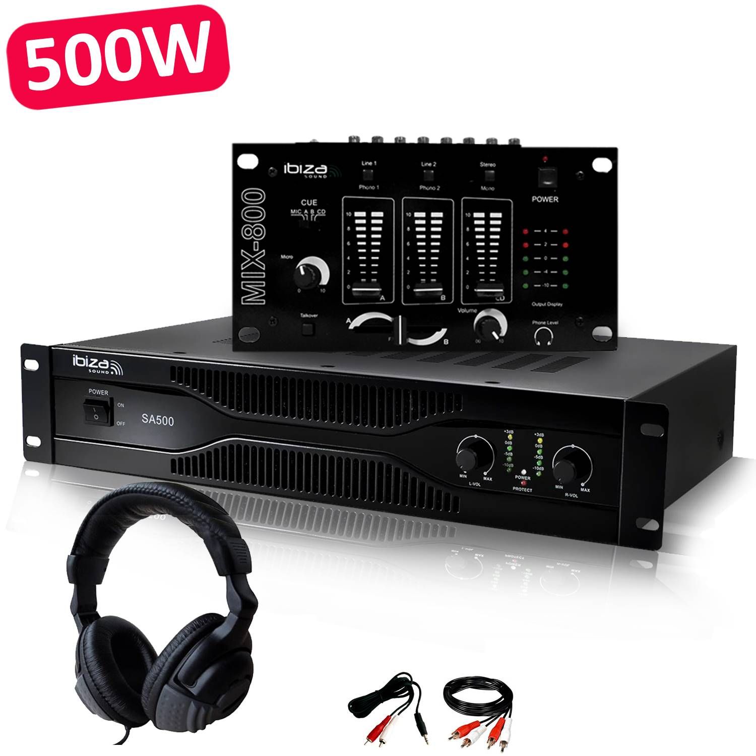 Kit Ibiza Sound: Amplificador SA500, Mezclador MIX800, Auriculares, Cables RCA, PC