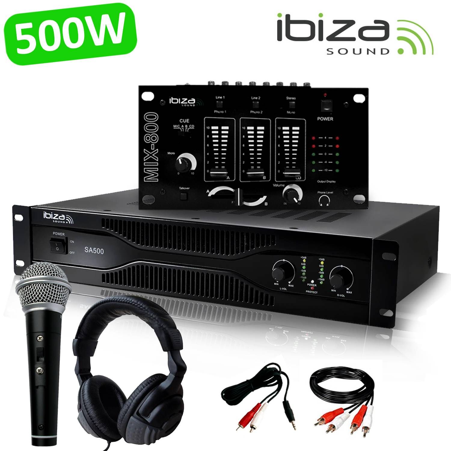 Pack Amplificador DJ Ibiza SA500 + Mezclador MIX800 + Auriculares + Cables
