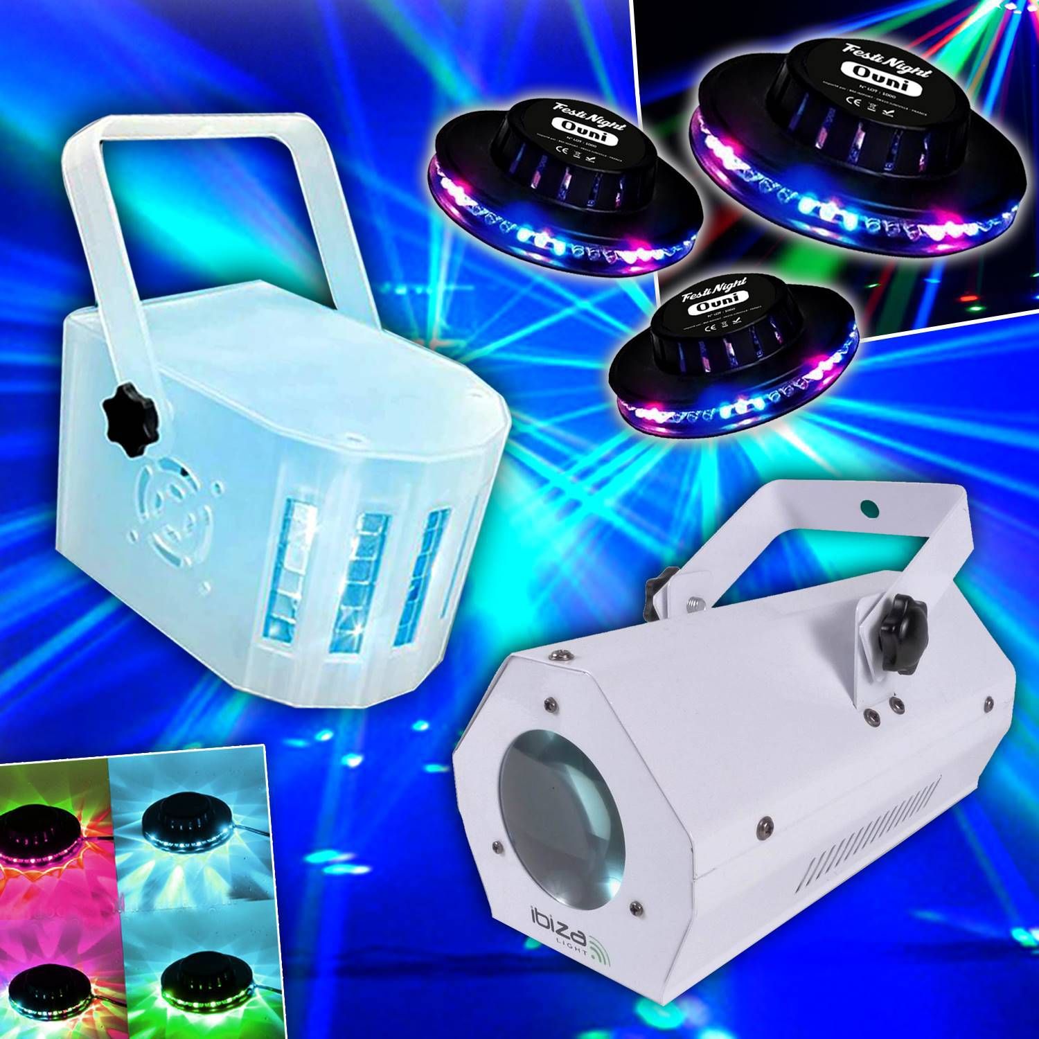 Pack Lumière Lytor : 3 OVNI Lumières LED + 1 Derby RGB + 1 Gobos Fleur