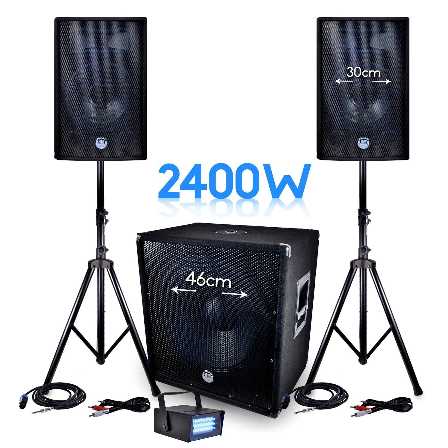 Bm Sonic PACK Sono BMS-1812 2400W SUB 46cm - 2 Enceintes 30cm + Cables + Mini LED Strobe LytOr