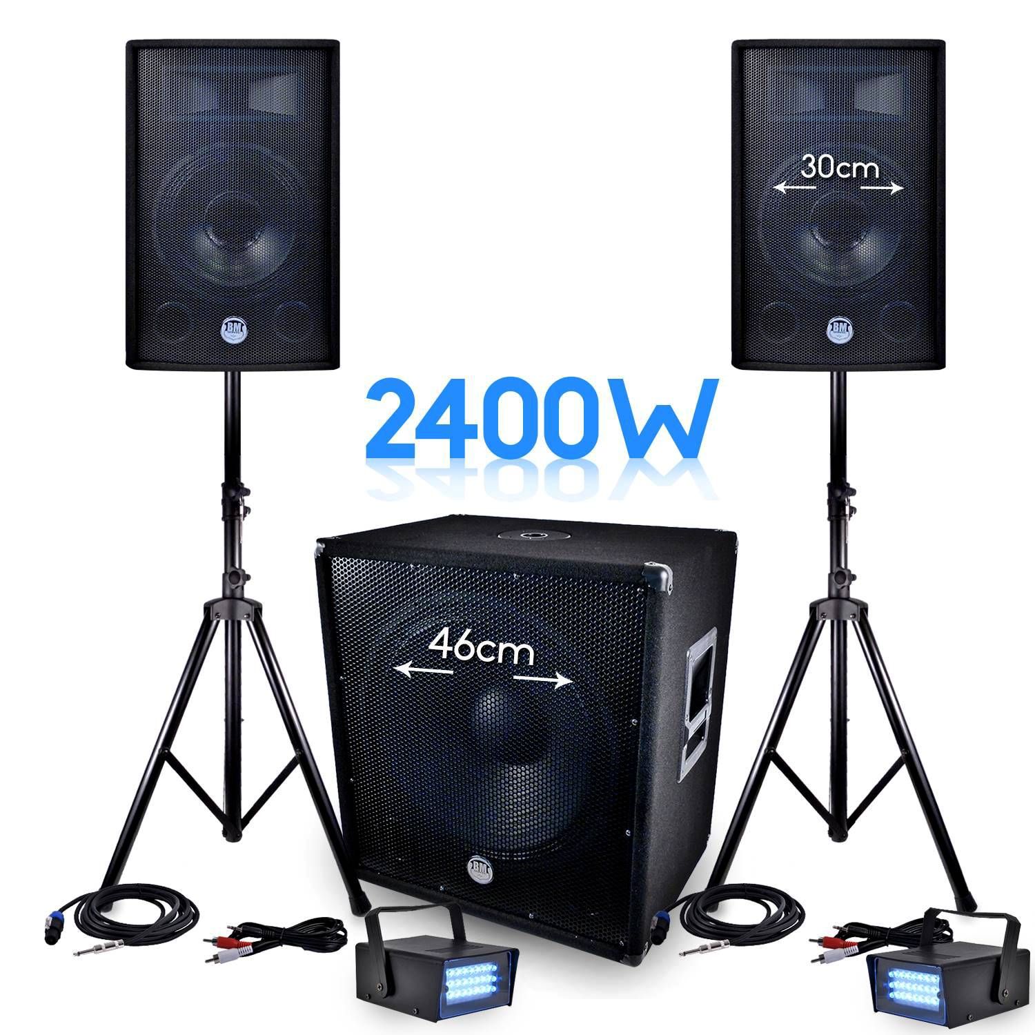 Kit de sonorisation Bm Sonic BMS-1812 2400W - Caisson de basses 46 cm, 2 haut-parleurs 30 cm, 2 mini stroboscopes LED