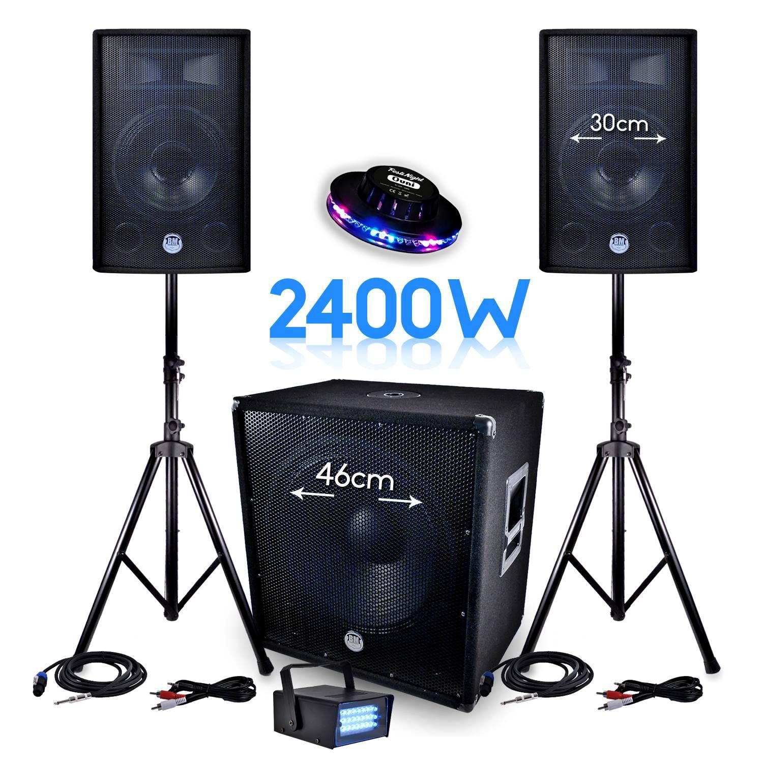 Bm Sonic PACK Sono BMS-1812 2400W SUB 46cm - 2 Enceintes 30cm + Cables + Mini LED Strobe LytOr + Effet OVNI UFO