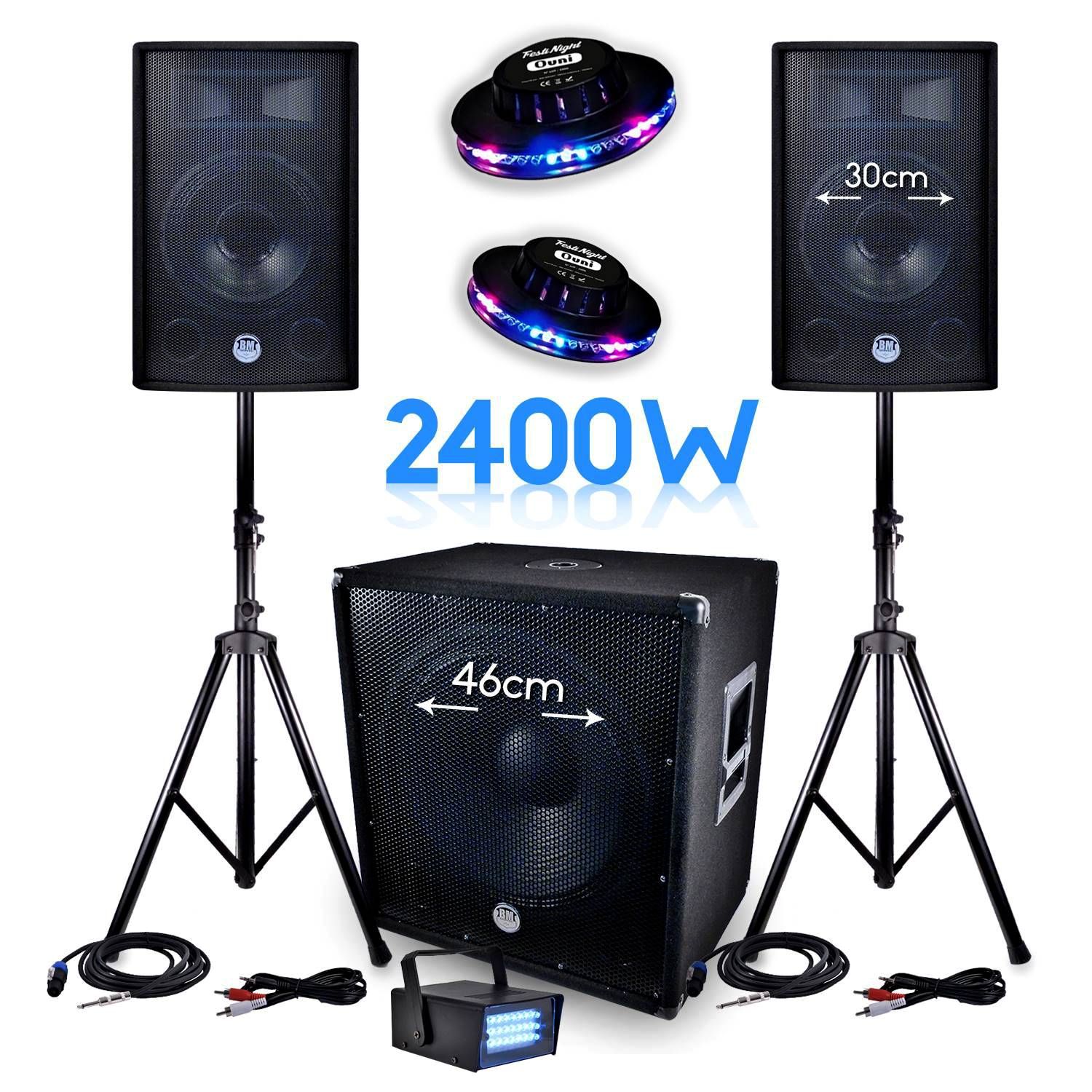 Bm Sonic PACK SONO 2400W BMS-1812 SUB 46cm 2 speakers 30cm + Cables + LytOr Mini LED STROBE + 2 OVNI UFO Effects
