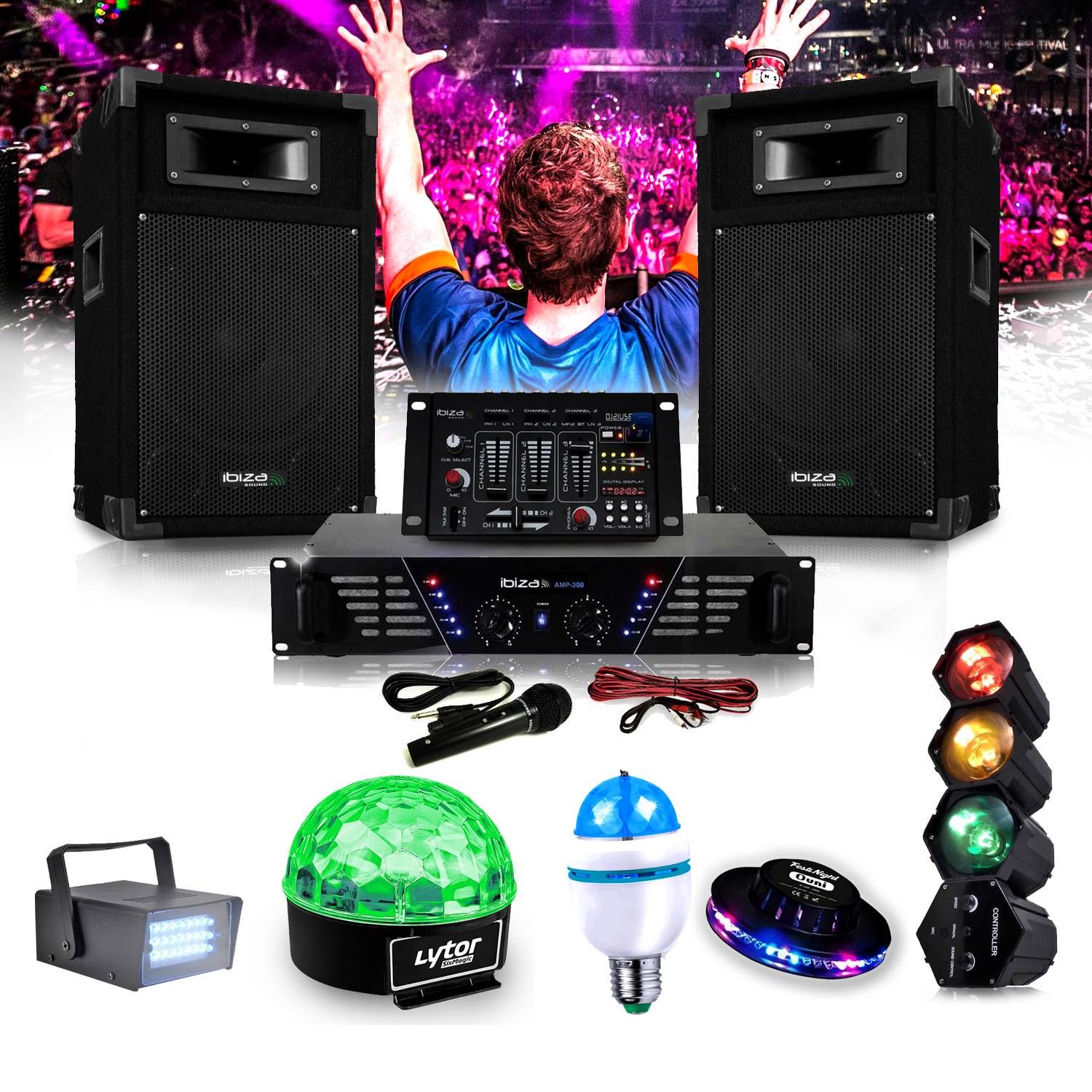 Kit de sonorisation Ibiza DJ-300 Disco avec pack de lumières LED (480W, haut-parleurs 10")