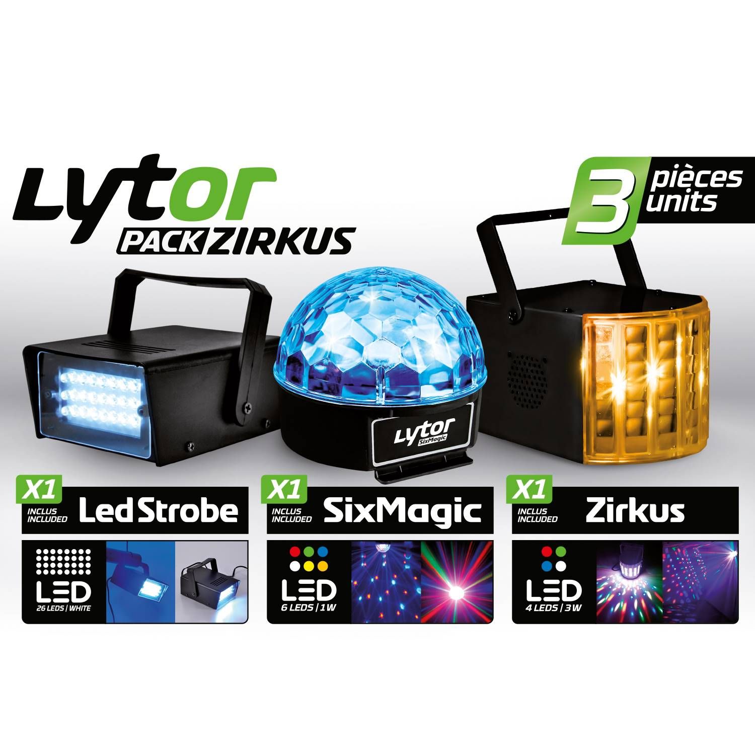 Kit d'éclairage Lytor Zirkus - 3 ensembles de lumière stroboscopique + dôme Astro 6 LED + Derby 4 LED RGBW