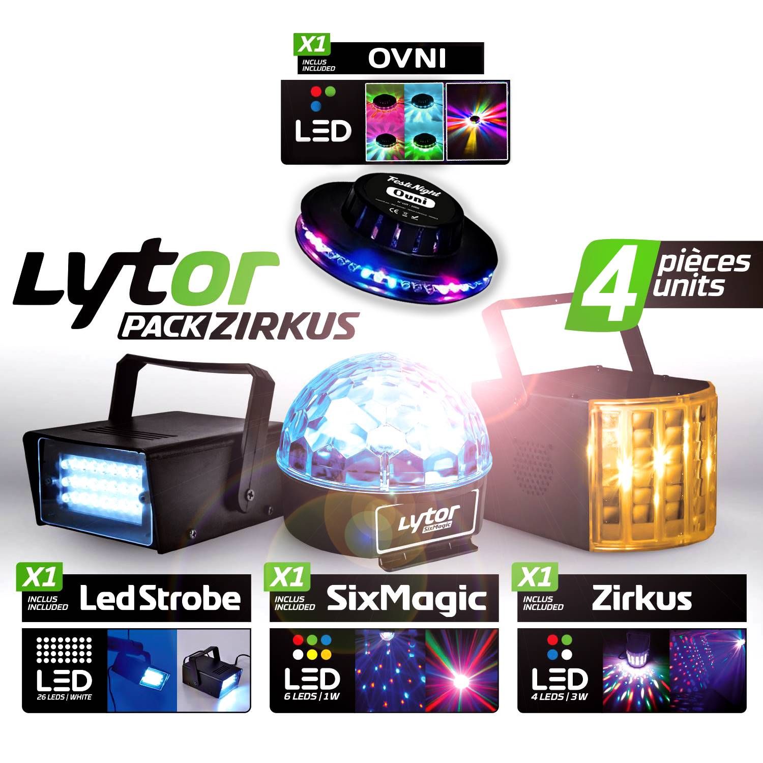 Lytor Zirkus Light Pack: Strobe, Astro Dome, Derby 4 LEDs, and OVNI Effect
