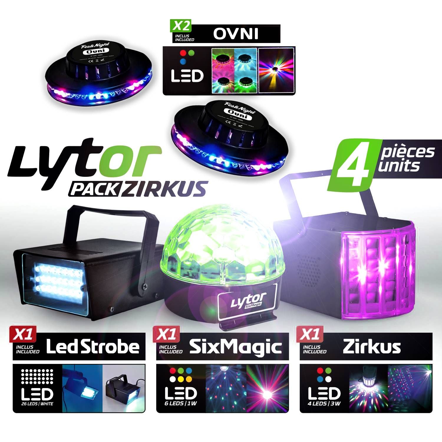 Paquete de luces Lytor Zirkus: Estroboscopio, Domo Astro 6 LED, Derby 4 LED RGBW y Efectos OVNI