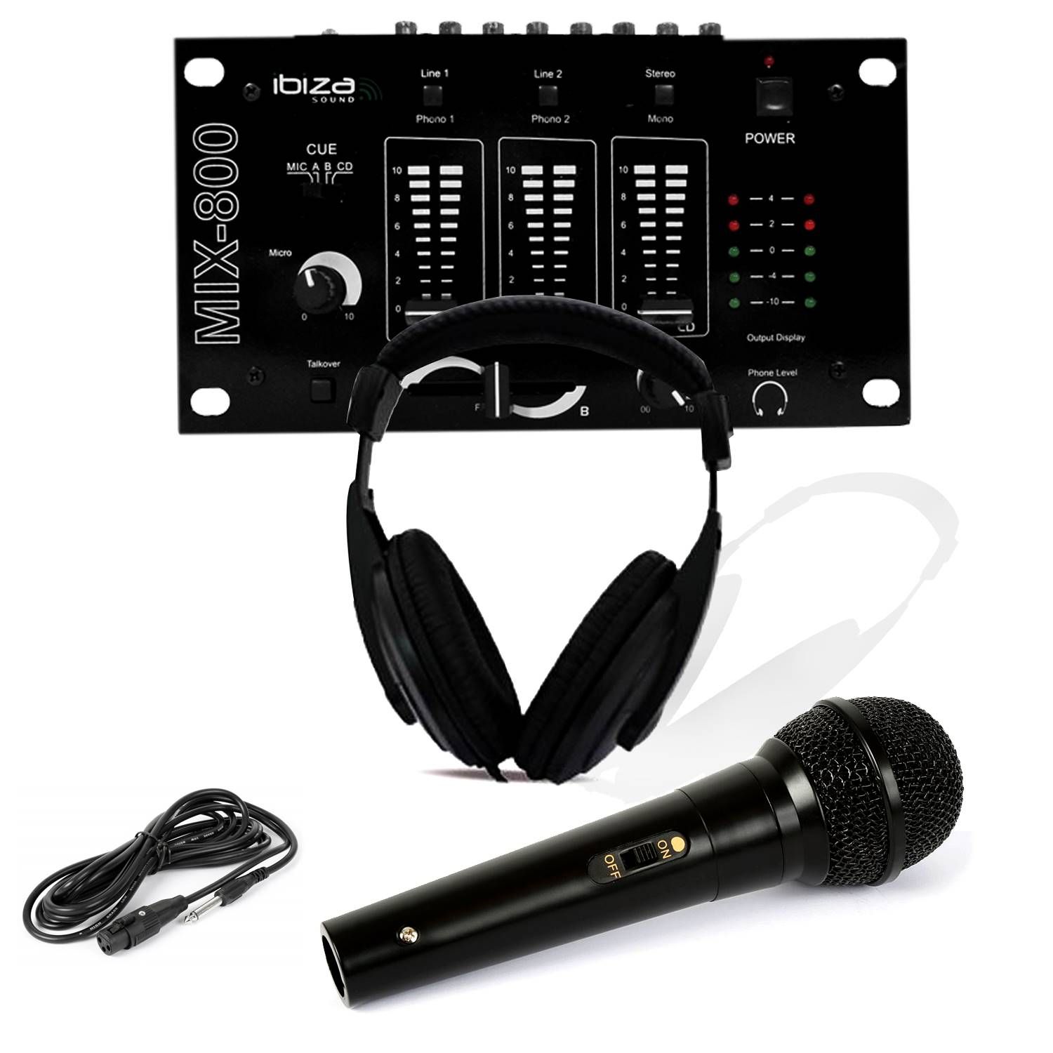 Ibiza DJ Headphones + MIX-800 Ibiza Mixing Table + Dynamic Microphone - Black